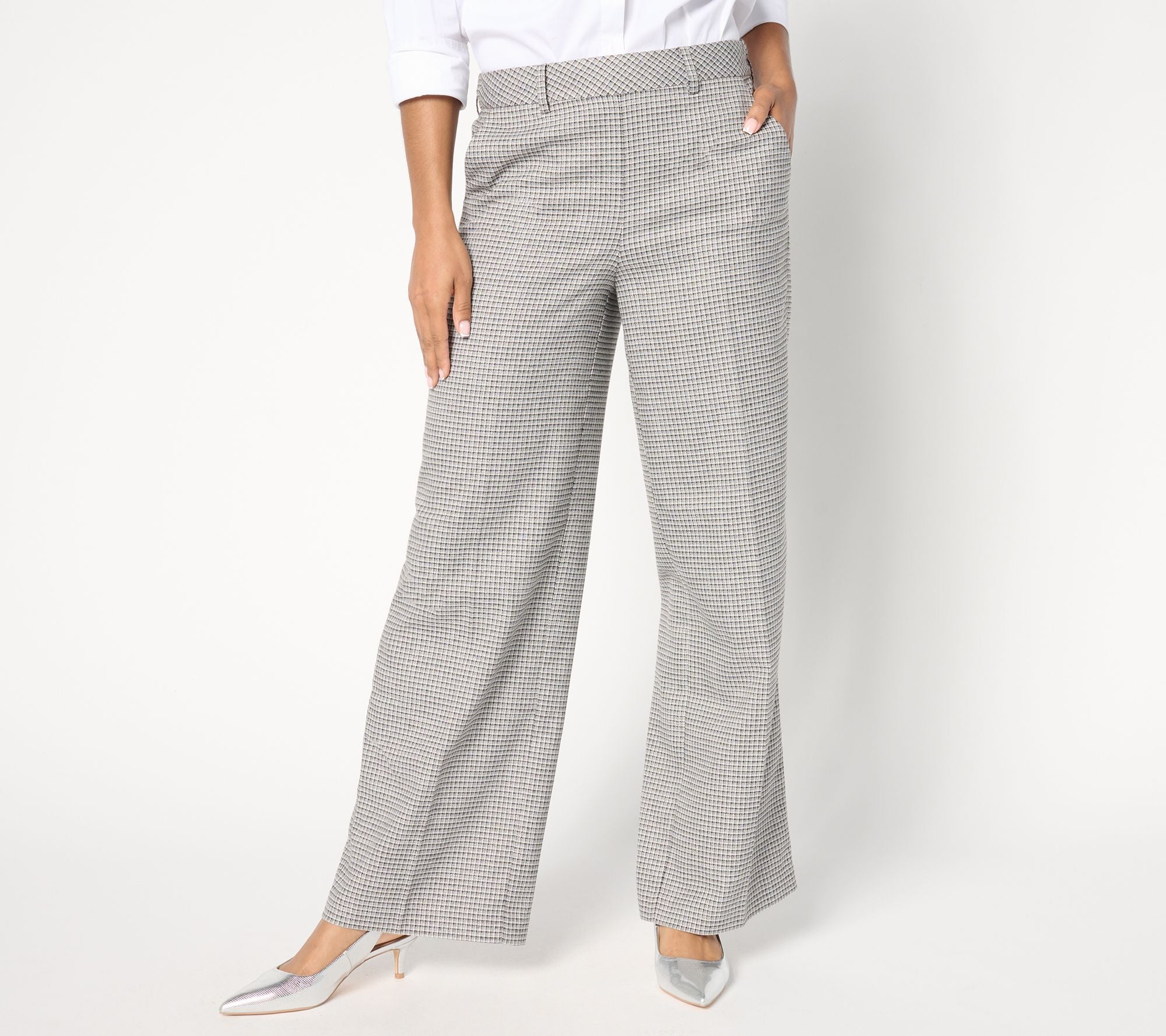 Plaid Wide Leg Pants with Shine - Black/Grey