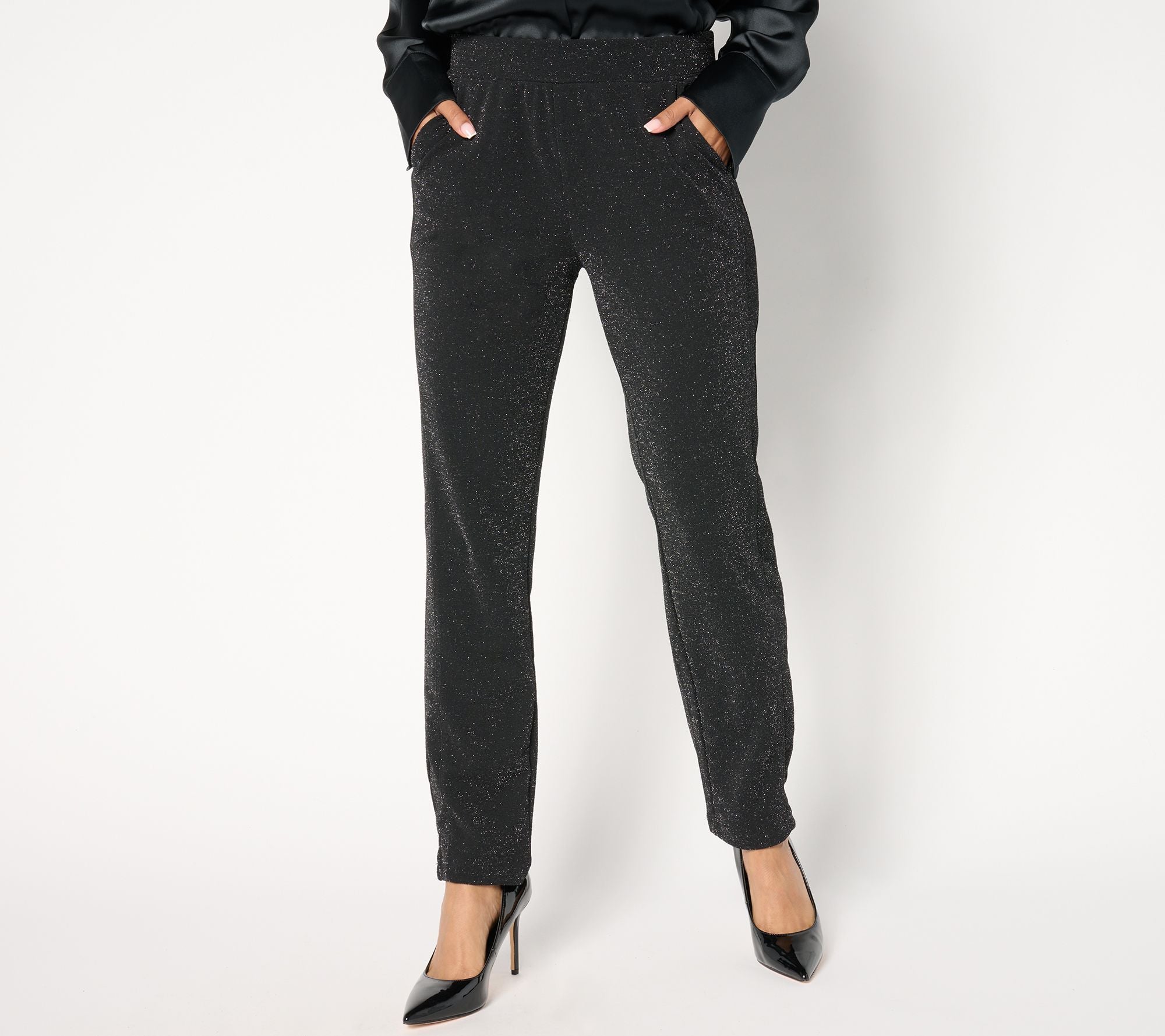 Sparkle Pebble Crepe Slim Straight Pants - Pitch Black