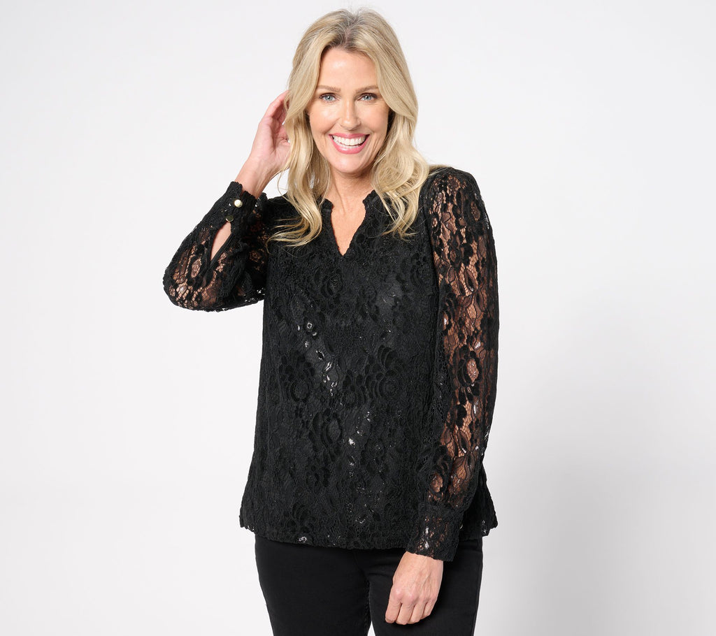Split Neck Metallic Lace Long Sleeve Top - Pitch Black