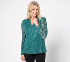 Split Neck Metallic Lace Long Sleeve Top - Pine Isle