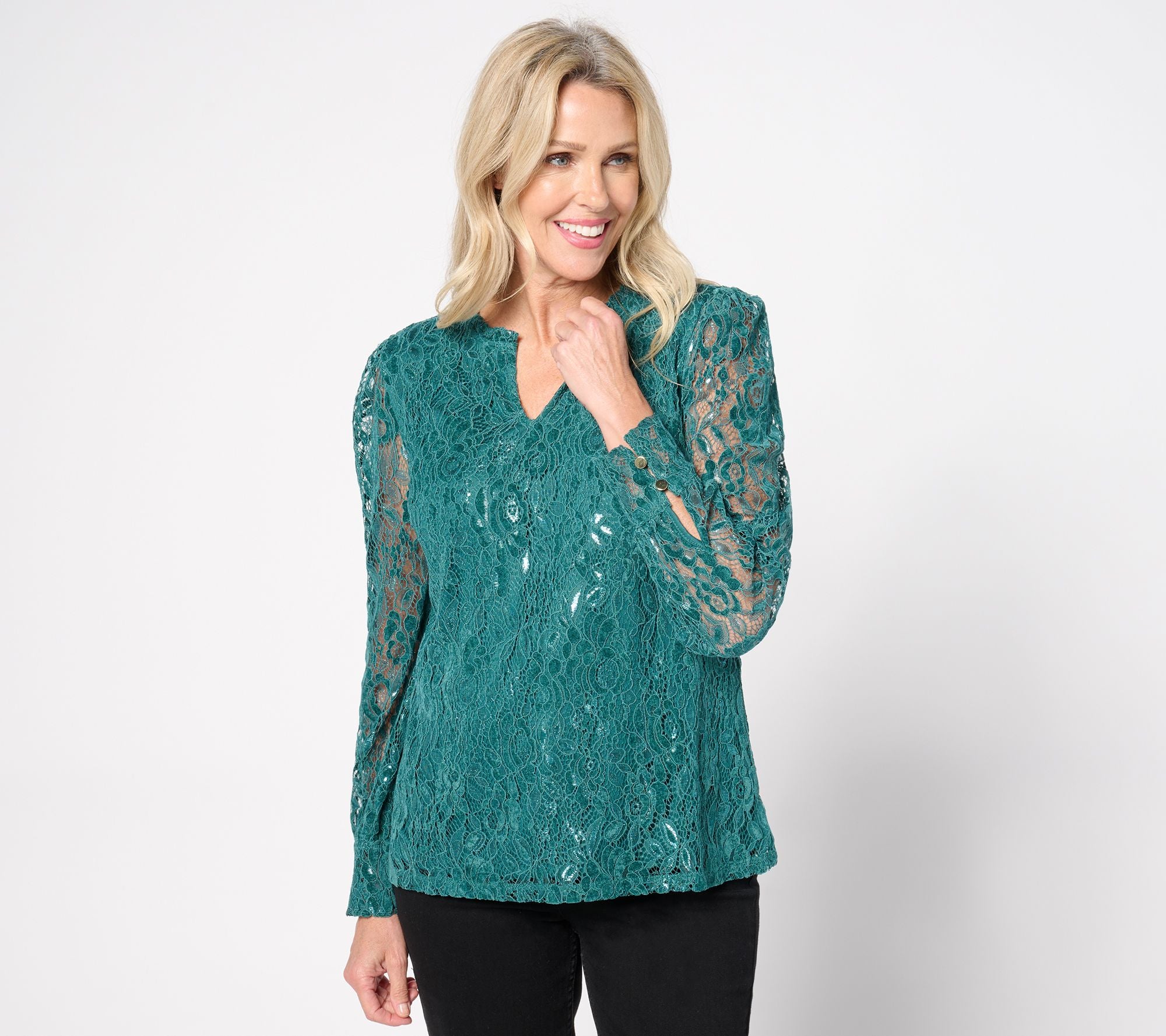Split Neck Metallic Lace Long Sleeve Top - Pine Isle