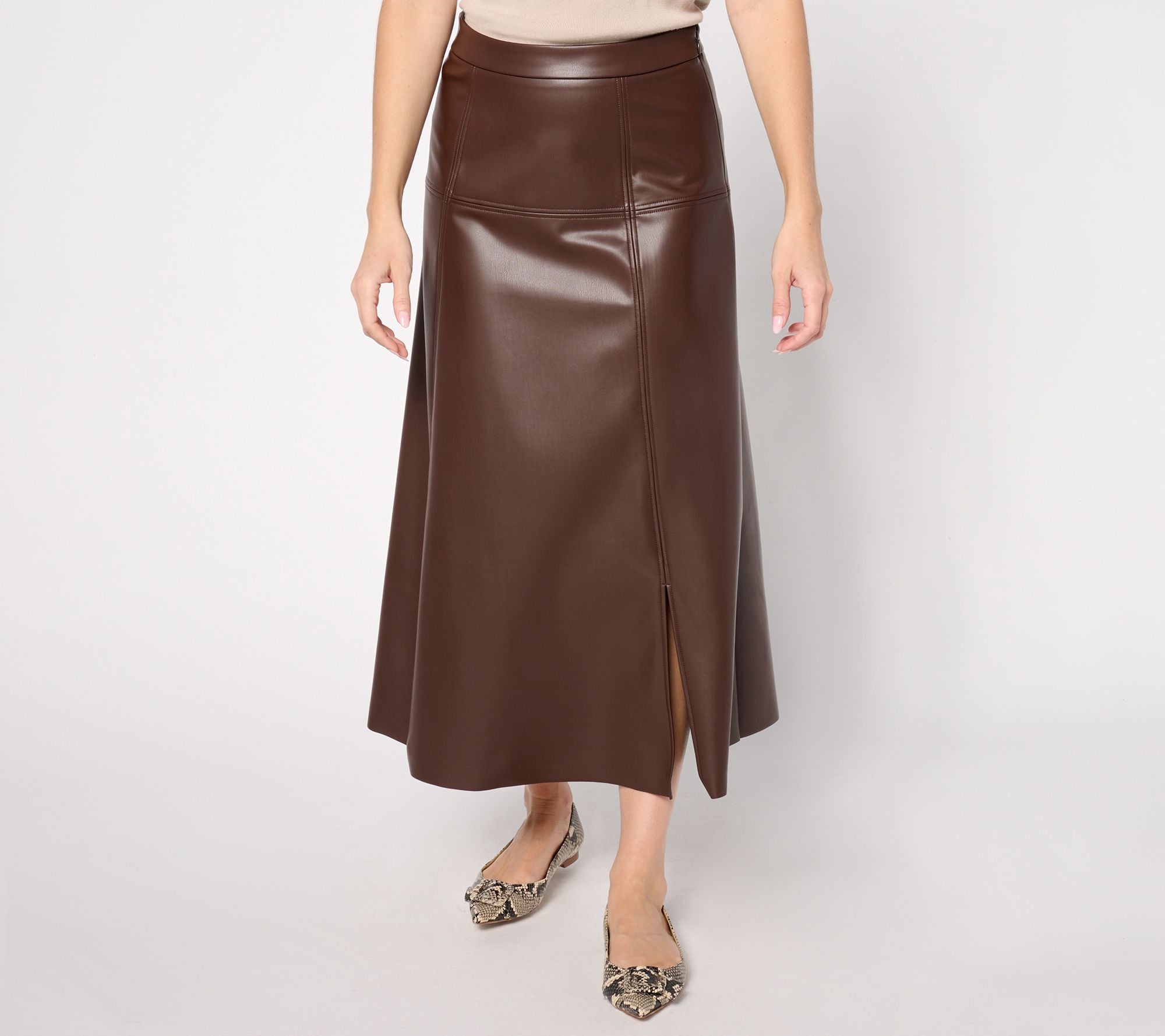 Black Label Faux Leather A-Line Skirt - Chestnut