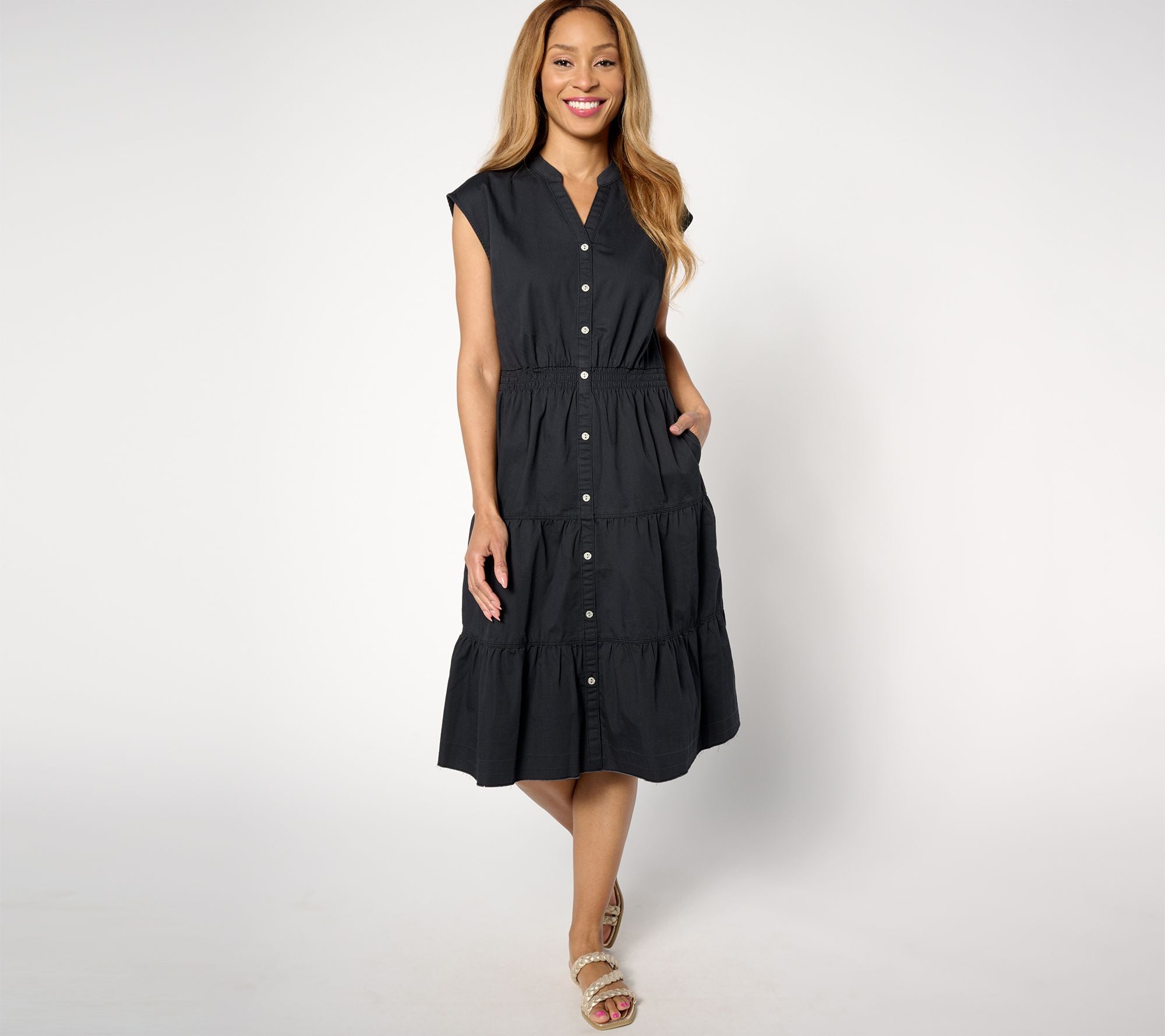 Denim & Co. Canyon Retreat Smocked Waist Denim Dress- Colors - Washed Black