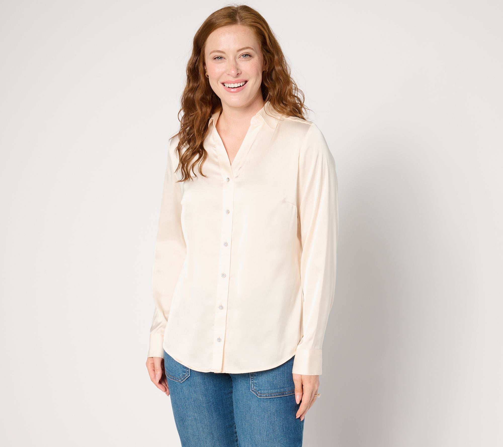 Satin Long-Sleeve Button-Front Top - Vanilla Cream
