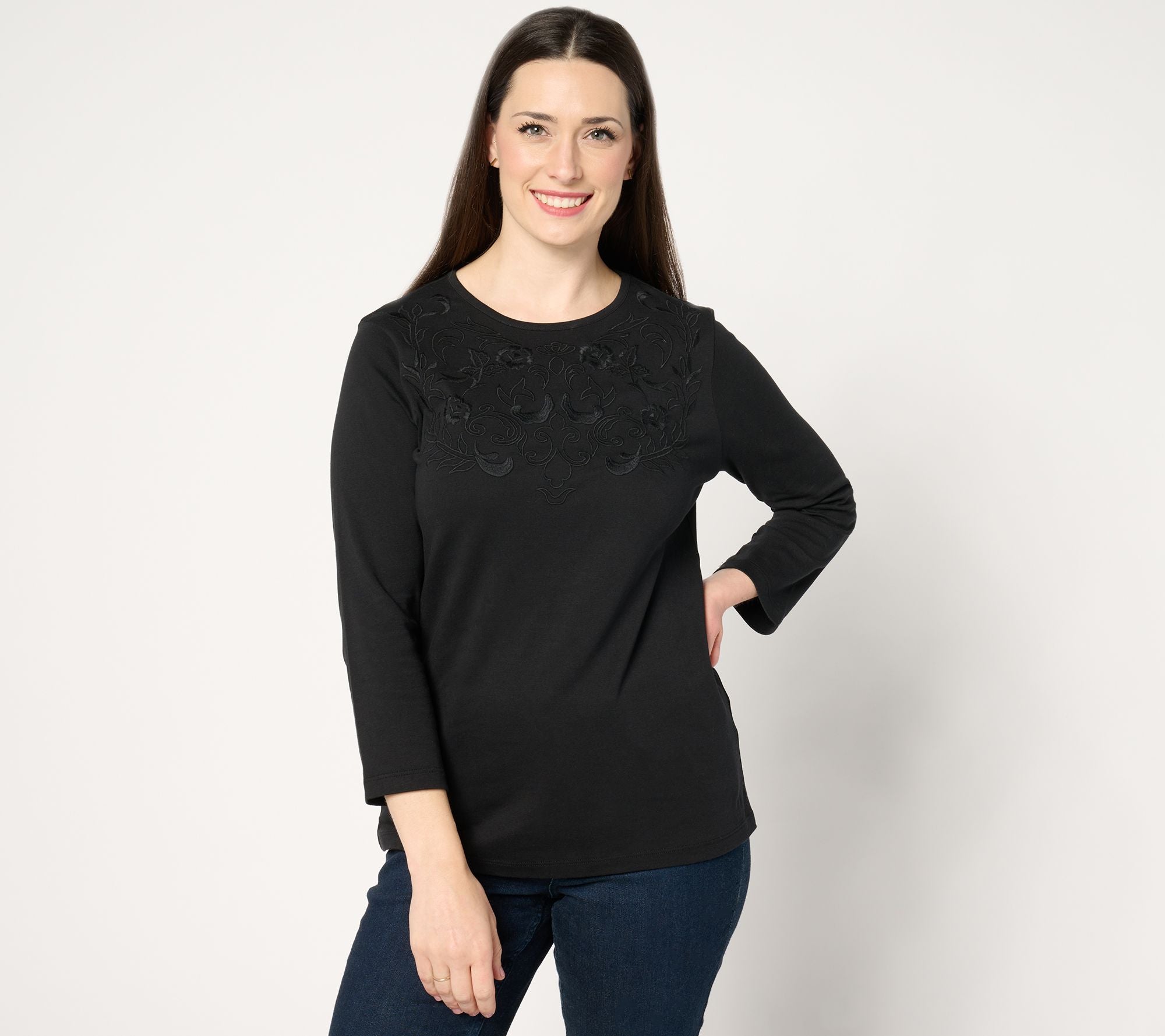 Embroidered Knit 3/4-Sleeve Top - Black