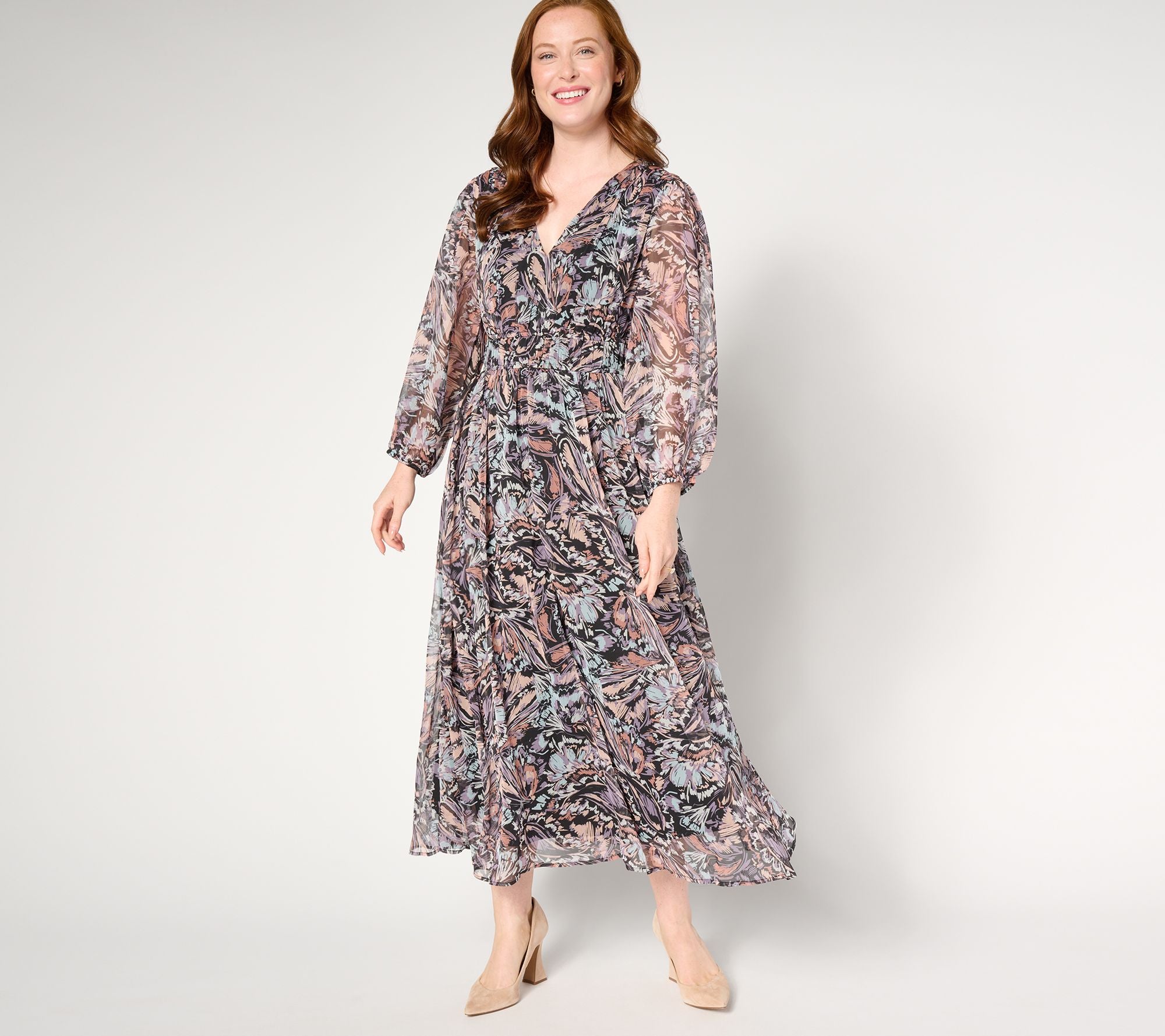 Printed V-Neck Chiffon Midi Dress - Black