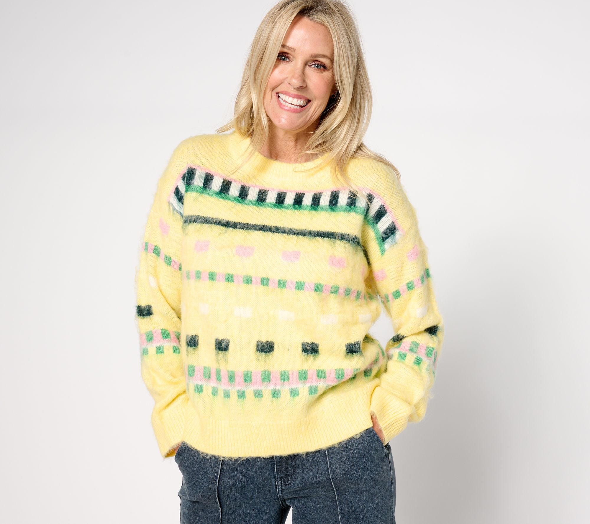 Patterned Crew Neck Cozy Sweater - Lemon Zest