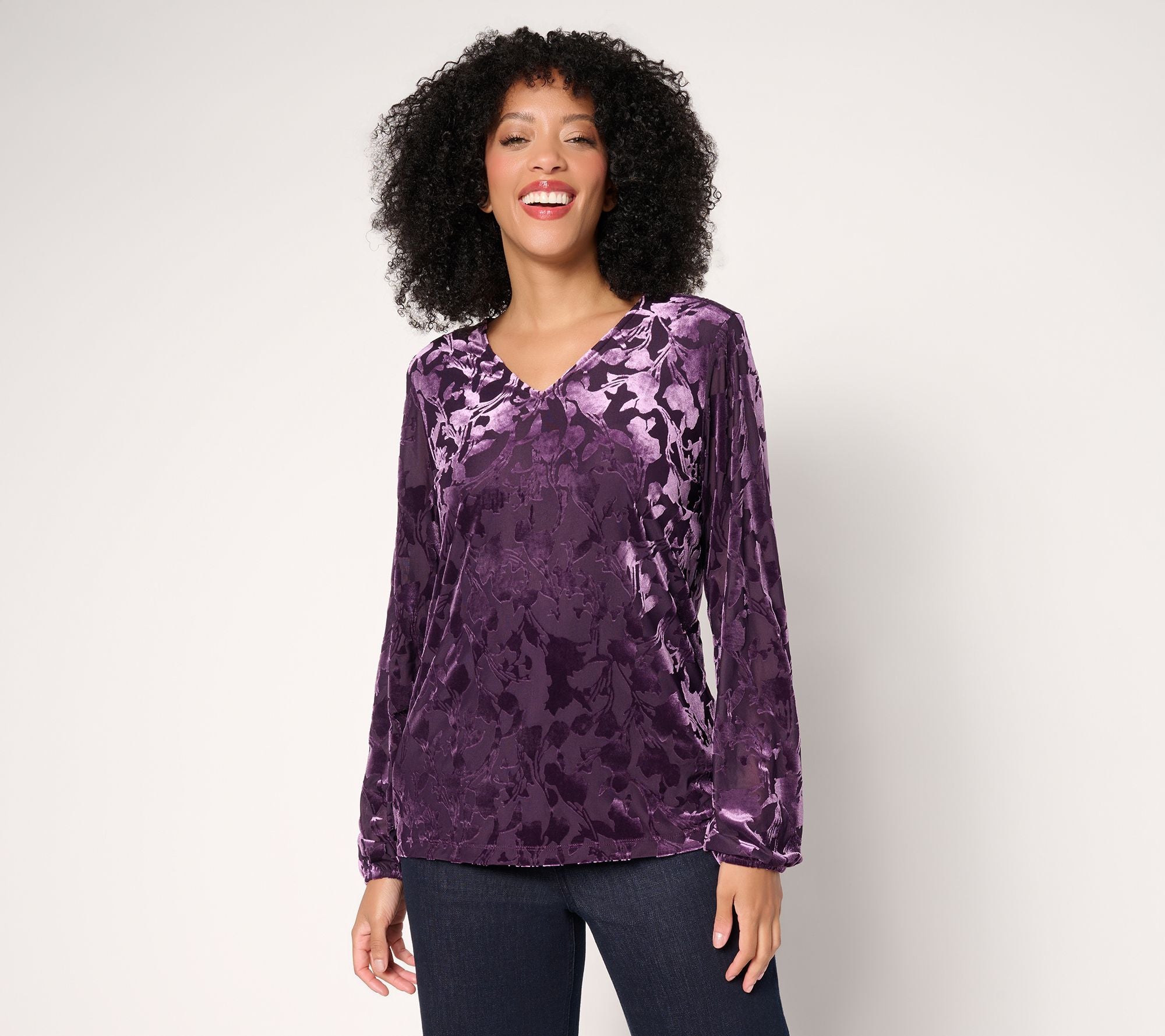 Burnout Velvet Long Sleeve Blouse - Deep Purple