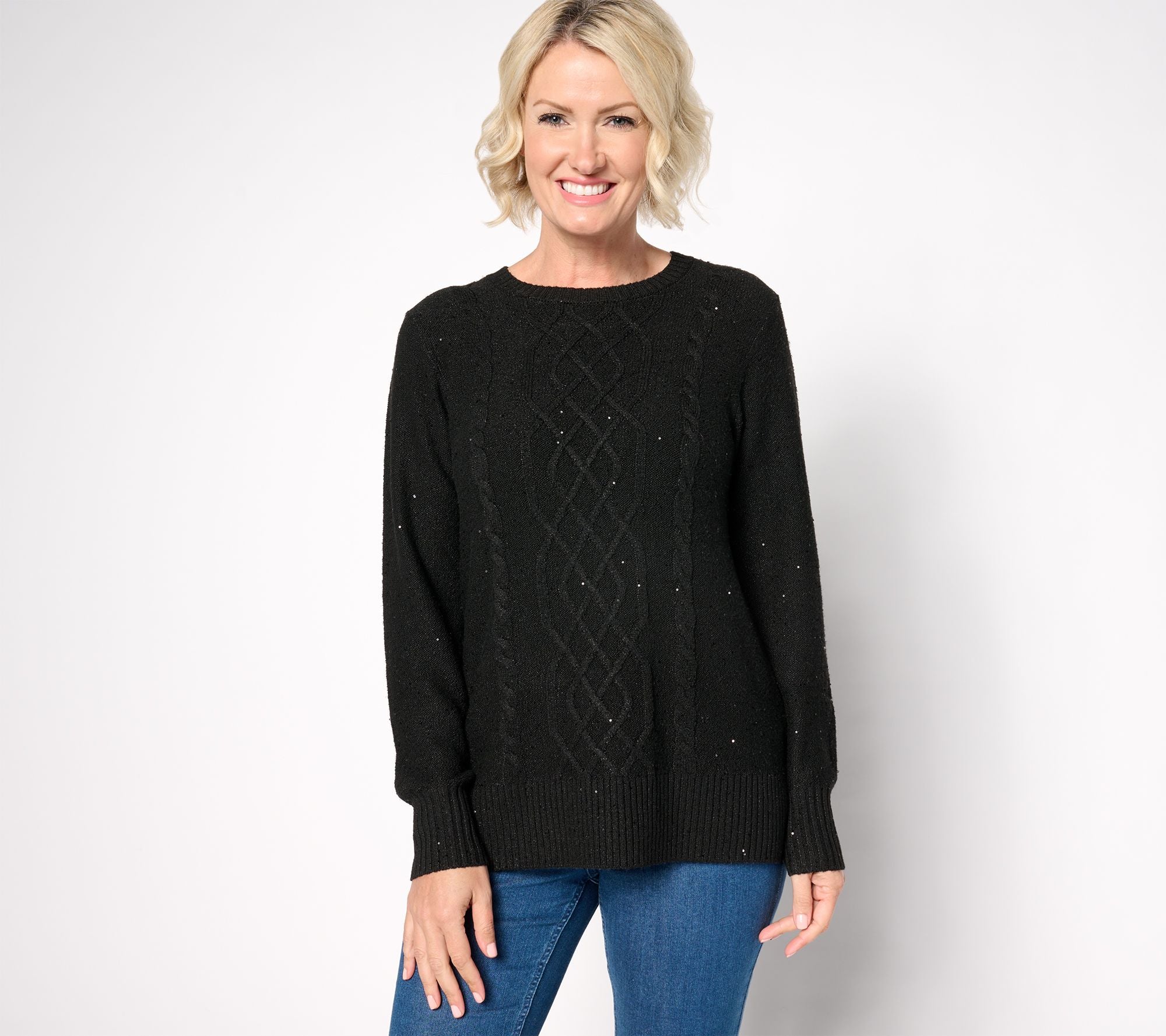 Jingle Belles by Kim Gravel Sugarplum Sparkle Sequin Cable Sweater - Black