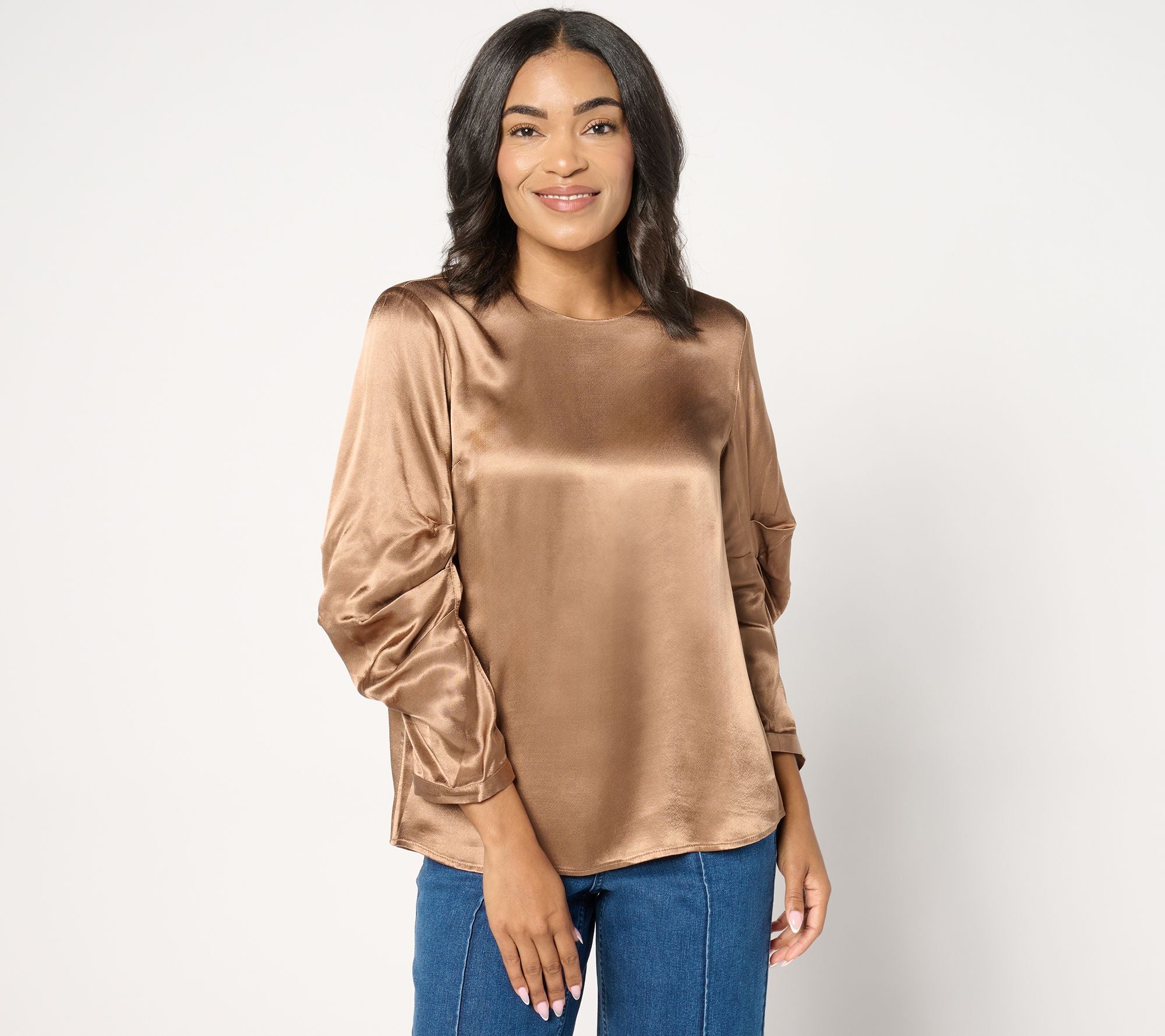 Sterling Satin Blouse w/ Sleeve Detail - Cocoa Cream