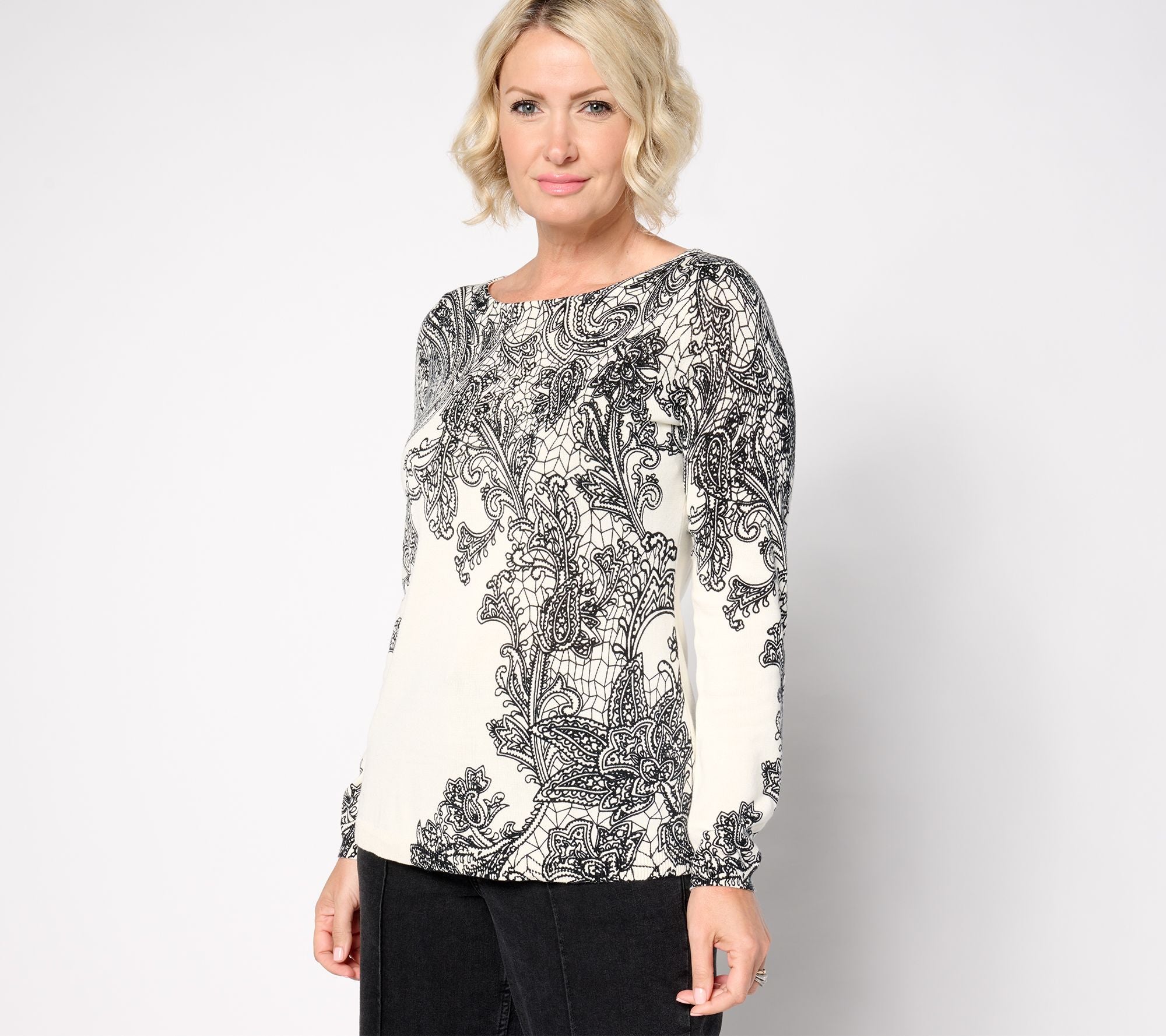 Printed Fine Gauge Sweater with Bateau Neck - Ivory