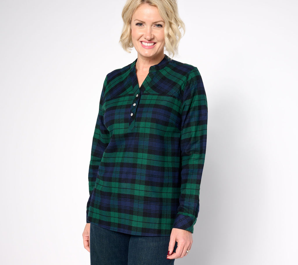 Joan Rivers Cotton Plaid Pull-Over Blouse with Crystal Buttons - Black Watch