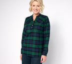 Joan Rivers Cotton Plaid Pull-Over Blouse with Crystal Buttons - Black Watch