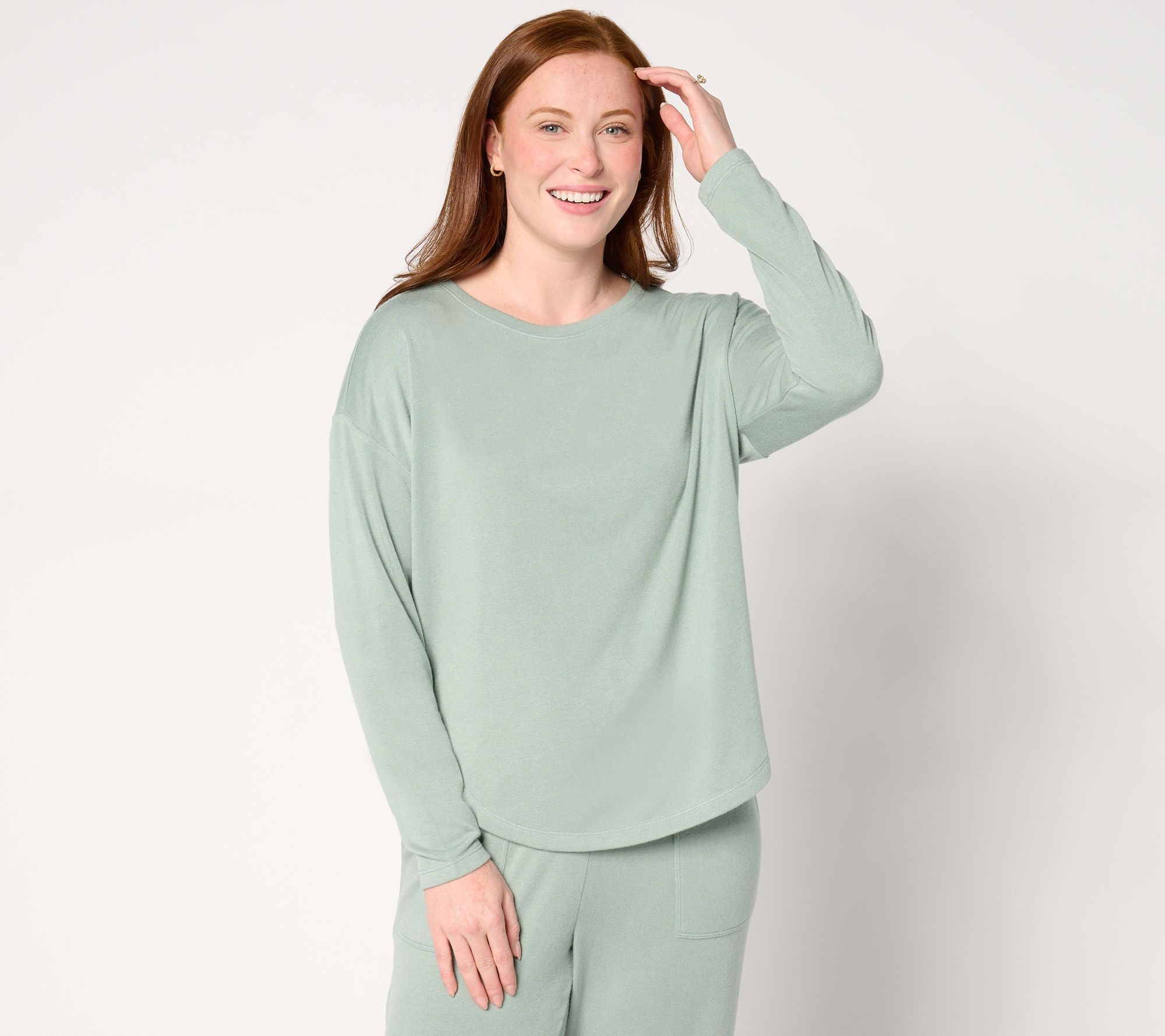Plush Knit Round Neck Top - Green Fog