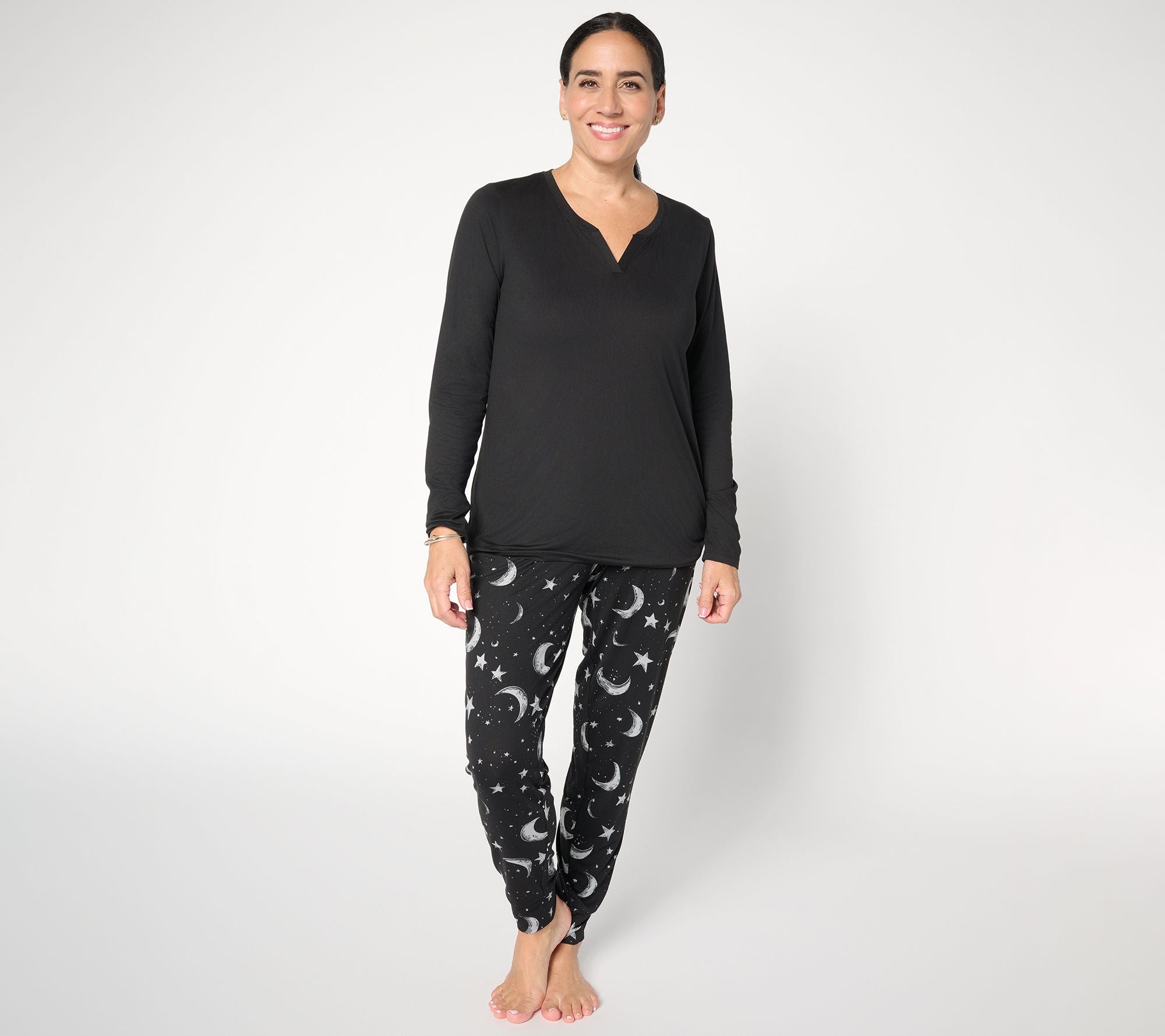Lush Jersey Solid Top and Printed Joggers Sleep Set - Black/Moons