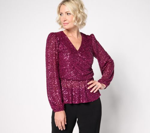 Occasions Sequin Faux Wrap Long-Sleeve Top