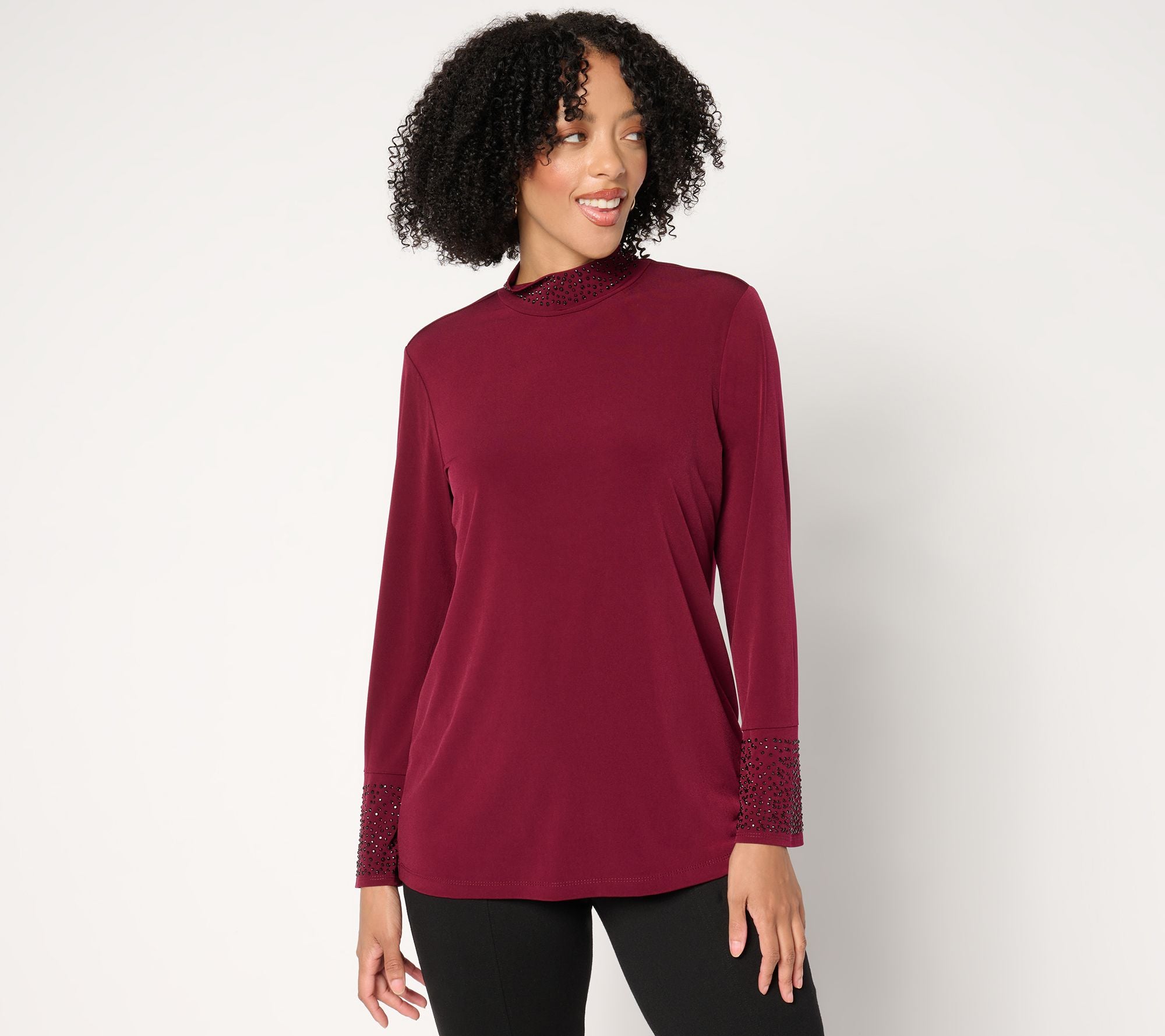 Occasions Liquid Knit Embellished Mock-Neck Top - Rich Wine