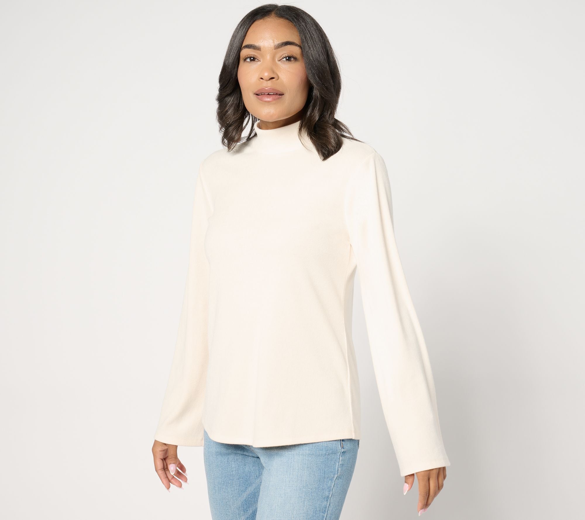 Luxe Mock Neck Sweater with Bell Sleeves - Warm Ivory