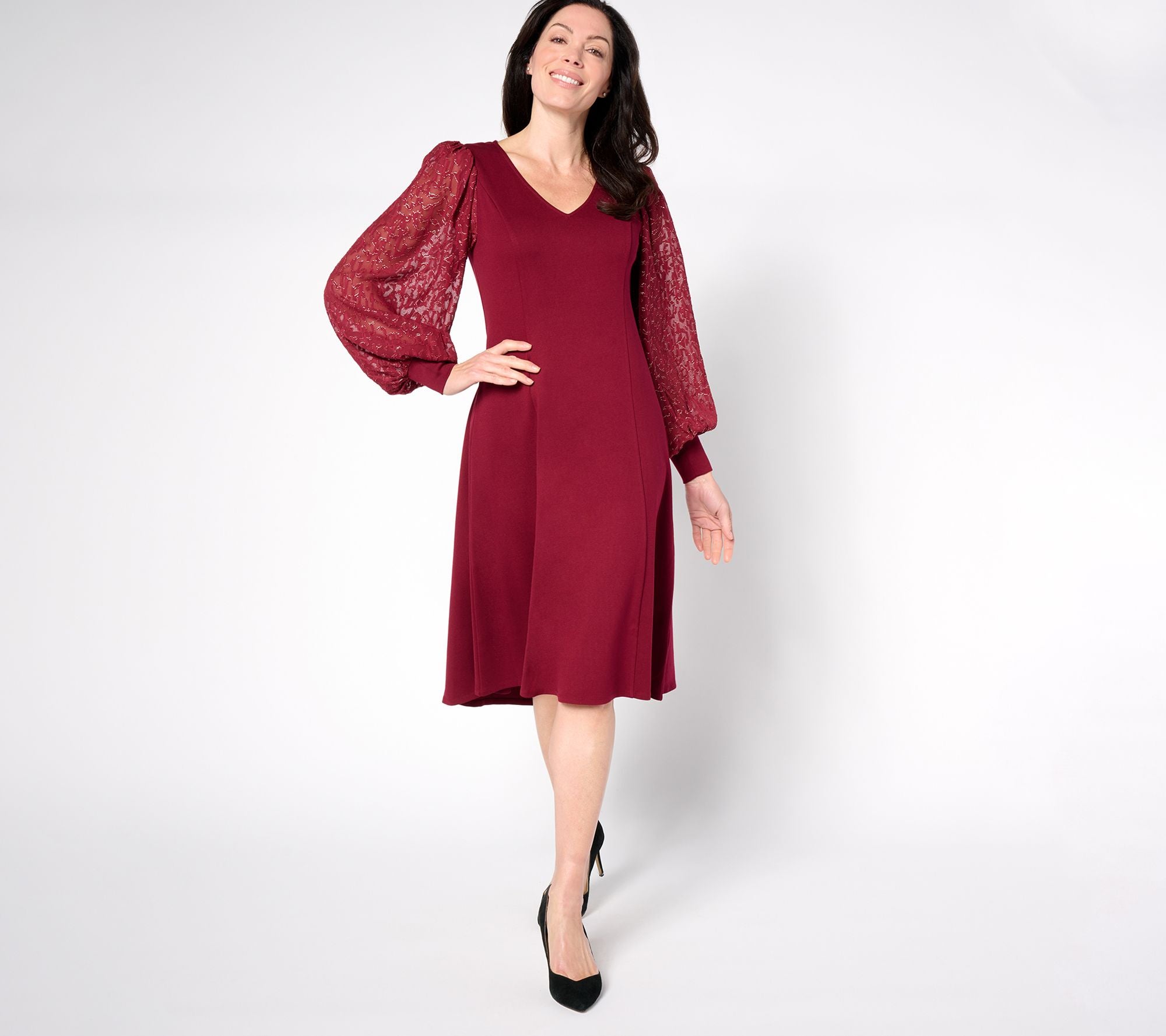 Ponte Dress with Metallic Accent Sleeves - Wine