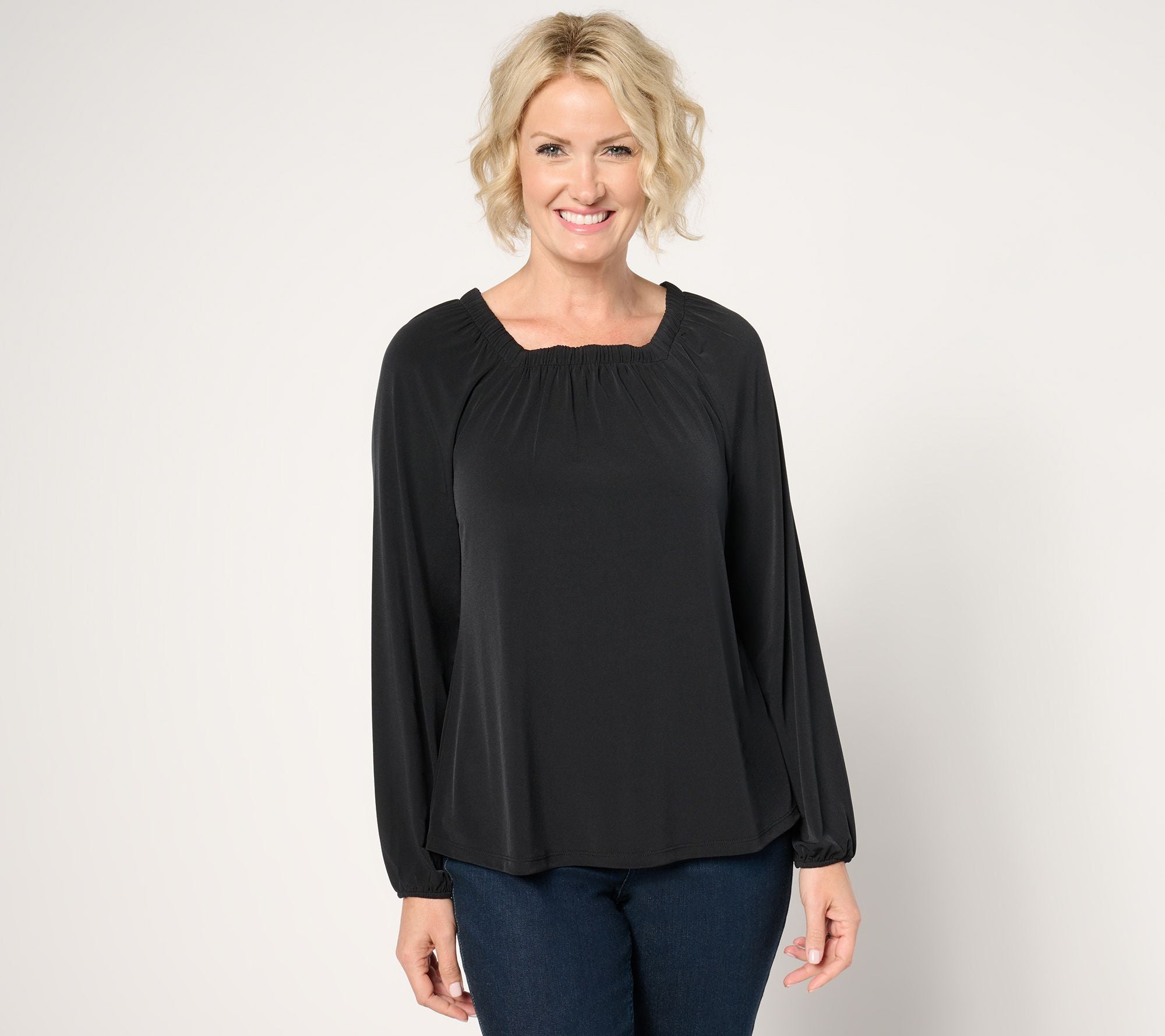 Signature Shirred Square Neck Knit Top - Black