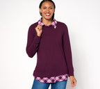 Heavenly Jersey Solid/Plaid Long Sleeve 2fer Top