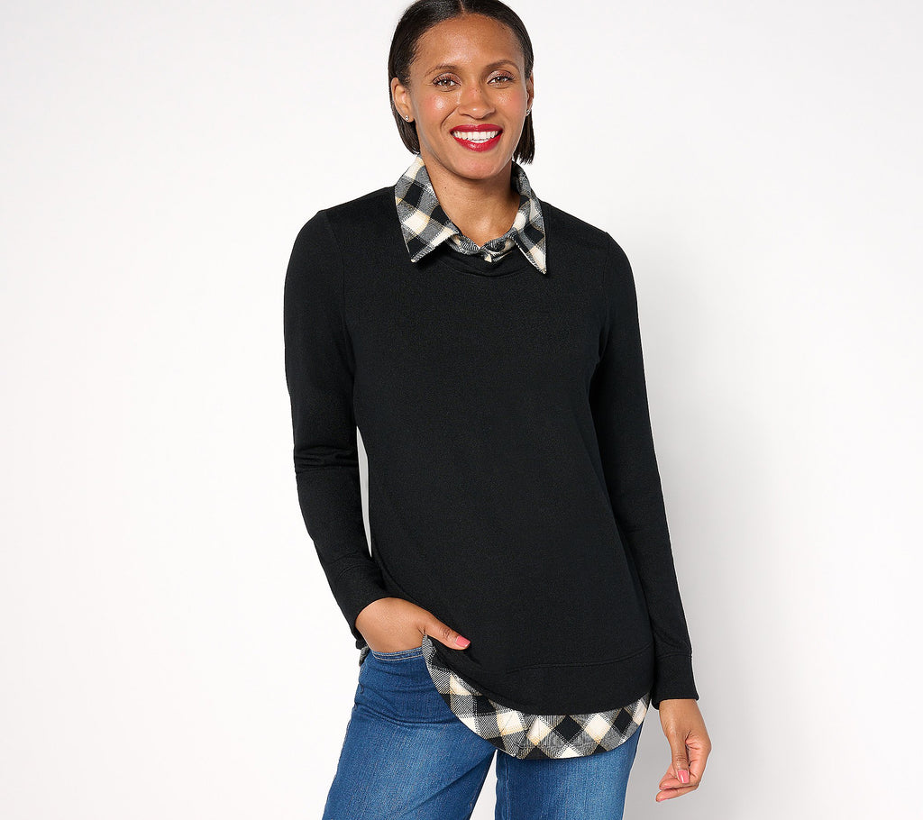 Heavenly Jersey Solid/Plaid Long Sleeve 2fer Top