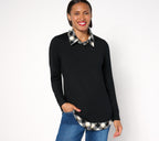 Heavenly Jersey Solid/Plaid Long Sleeve 2fer Top