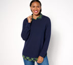 Heavenly Jersey Solid/Plaid Long Sleeve 2fer Top - Navy