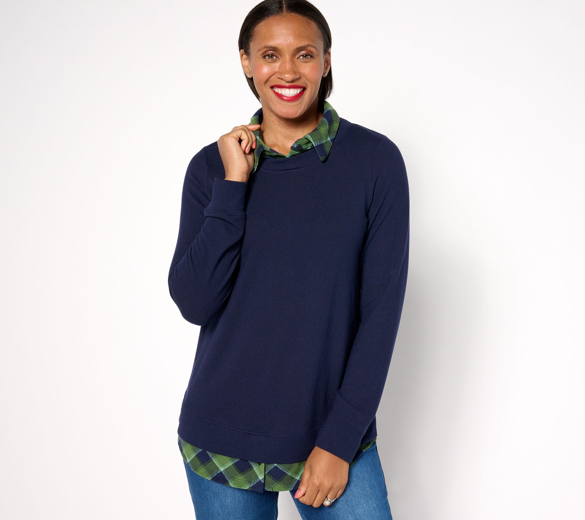 Heavenly Jersey Solid/Plaid Long Sleeve 2fer Top - Navy