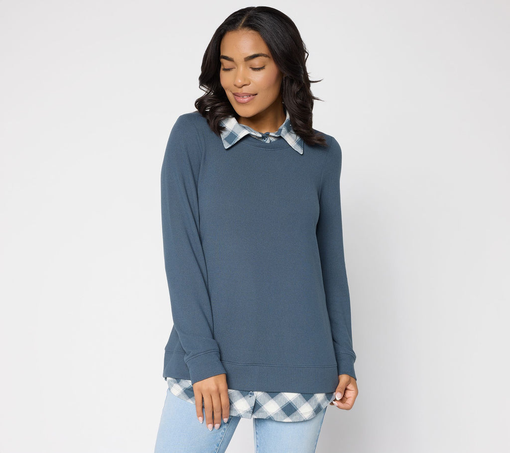 Heavenly Jersey Solid/Plaid Long Sleeve 2fer Top - Slate Grey