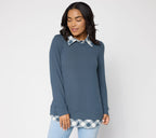 Heavenly Jersey Solid/Plaid Long Sleeve 2fer Top - Slate Grey