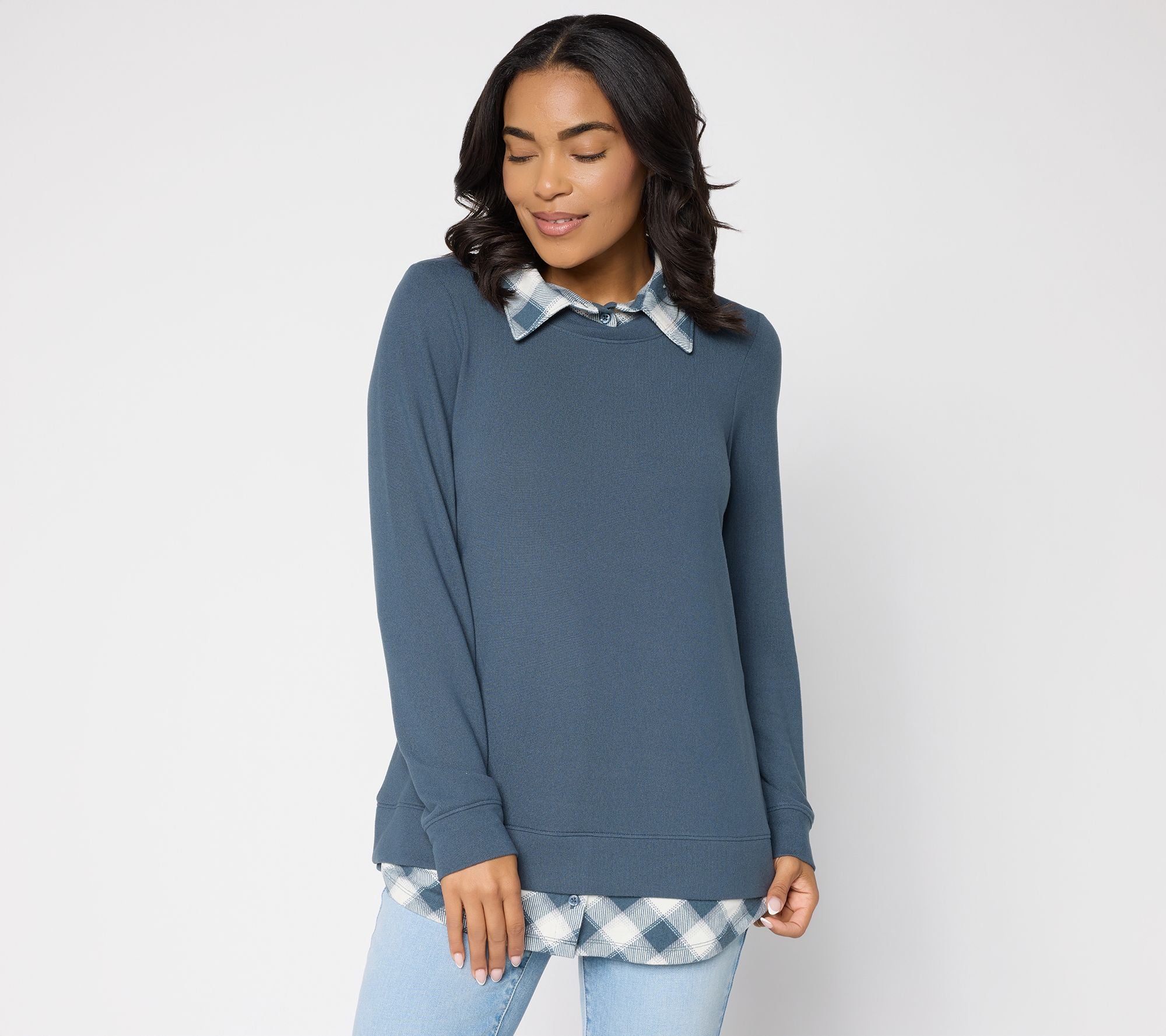 Heavenly Jersey Solid/Plaid Long Sleeve 2fer Top - Slate Grey