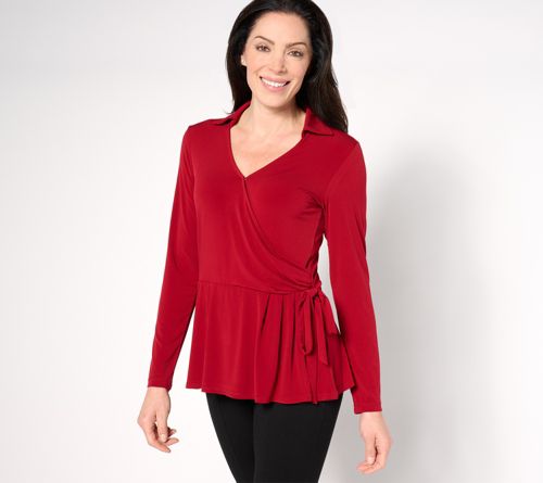 Liquid Knit Long-Sleeve Faux Wrap Top