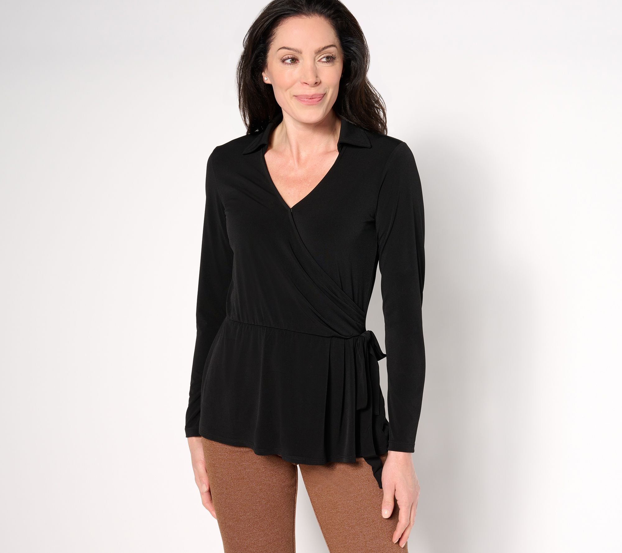 Liquid Knit Long-Sleeve Faux Wrap Top