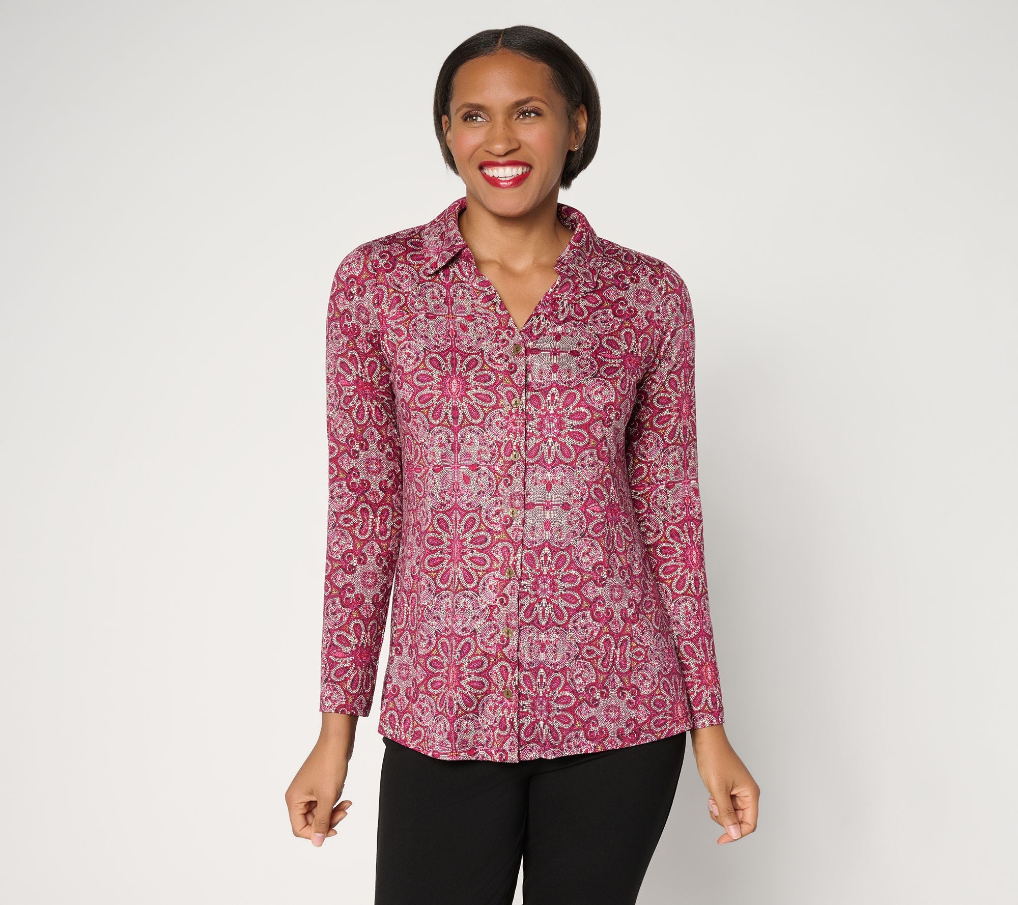 Printed Brushed Liquid Knit A-Line Top - Berry Magenta