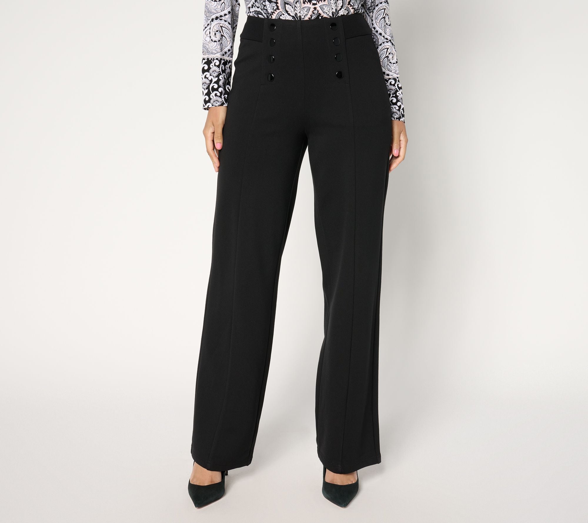 Resort Ready Ponte Wide Leg Pant w/ Buttons - Black
