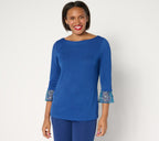 Pebble Knit Top with Printed Cuffs - Dark Blue