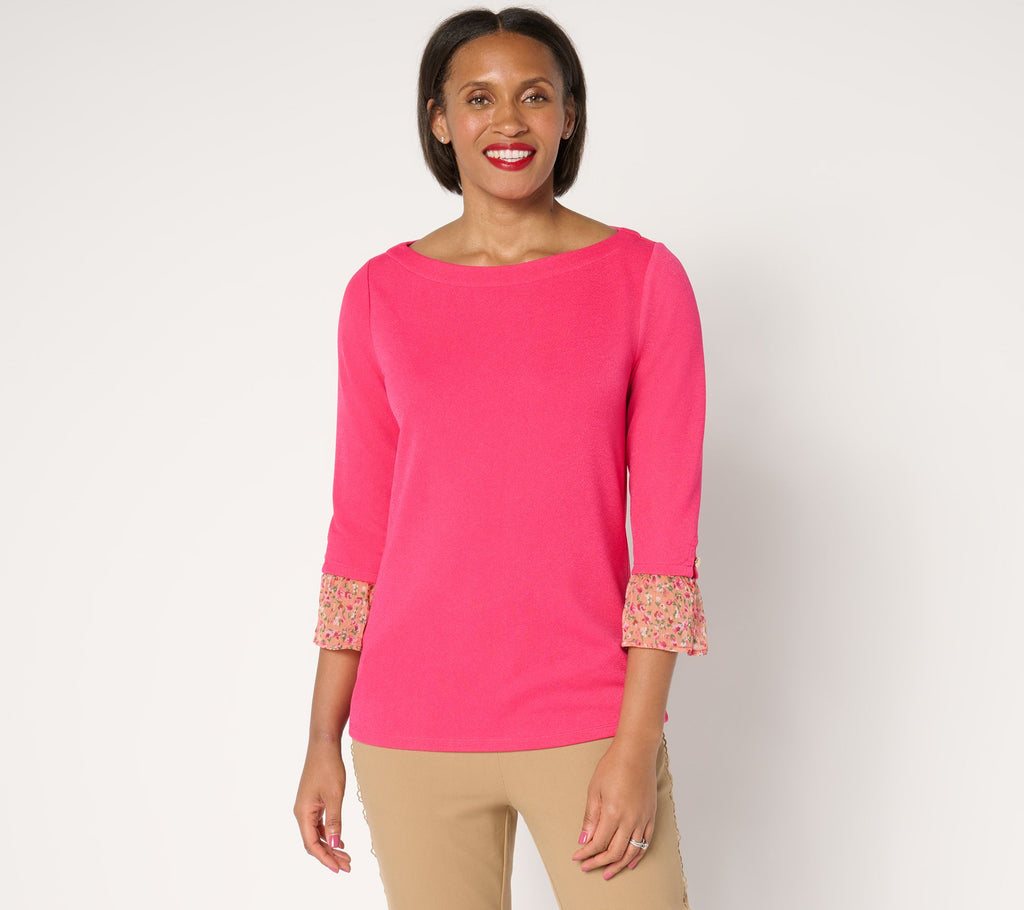 Pebble Knit Top with Printed Cuffs - Pink Ruby