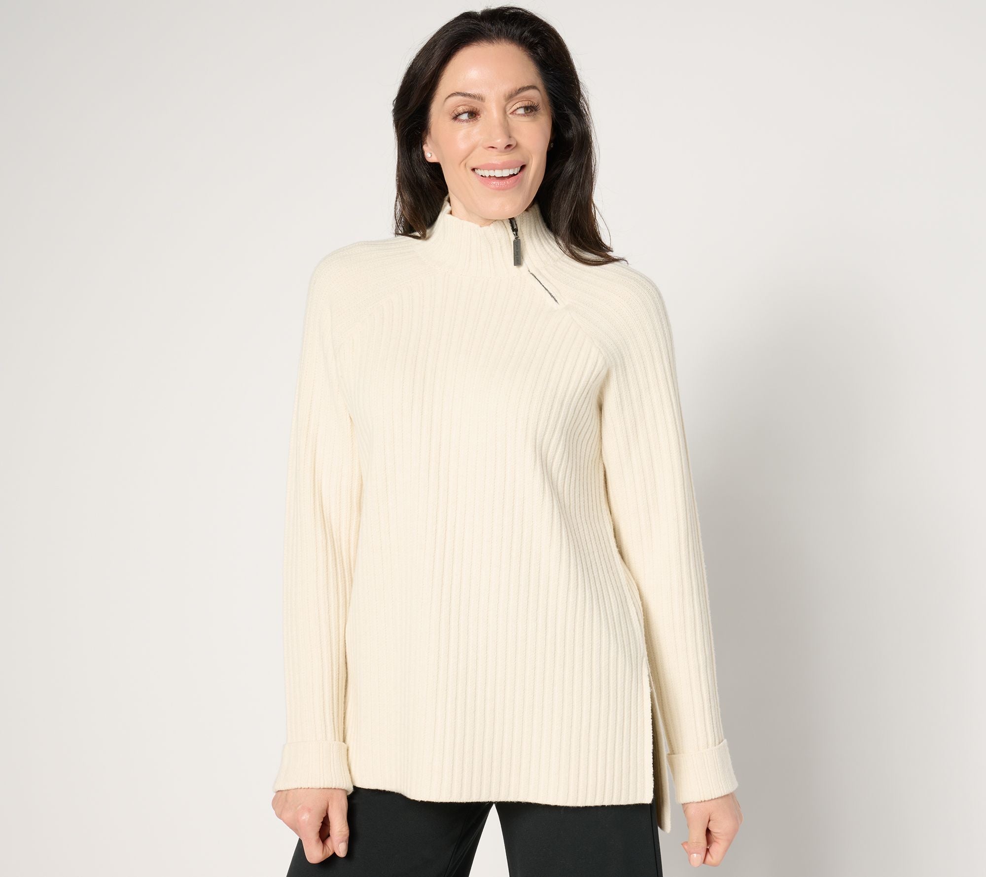 High-Low Ribbed Sweater with Zip Neck Detail - Pristine