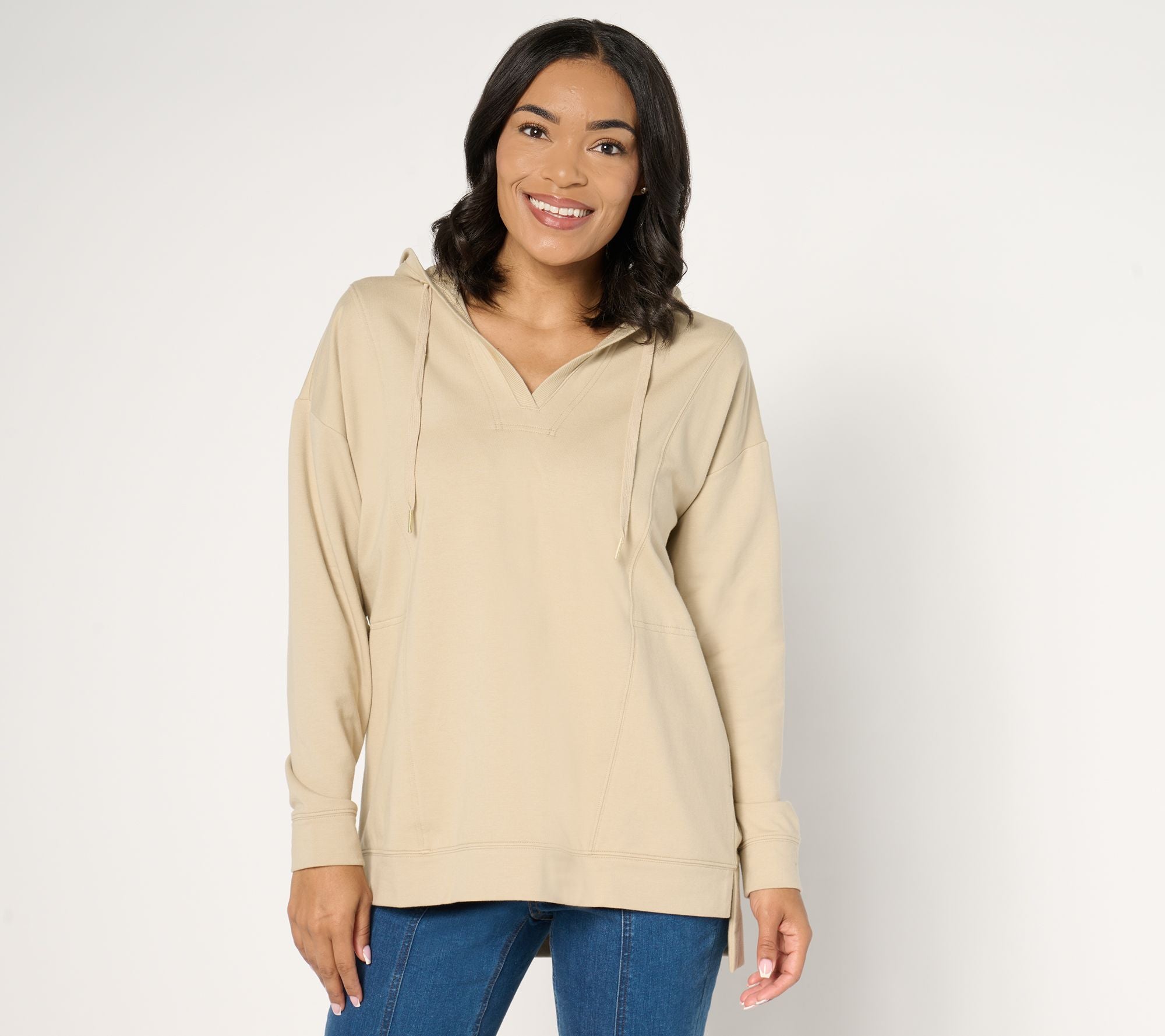 Joan Rivers French Terry Hooded V-Neck Pull-Over Sweatshirt - Taupe