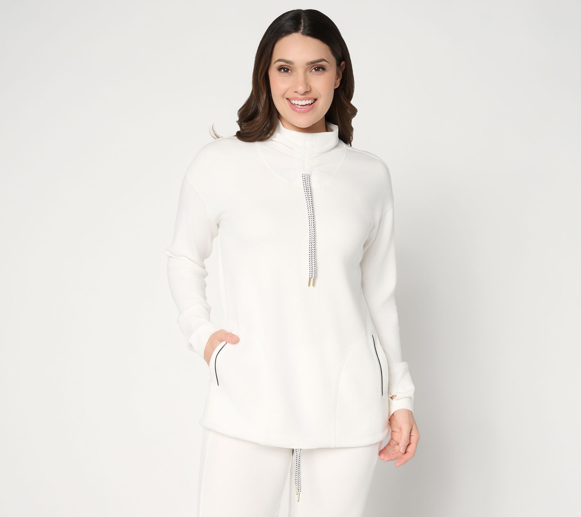 ScubaLuxe Ruched Mock Neck w/ Pockets - Cream
