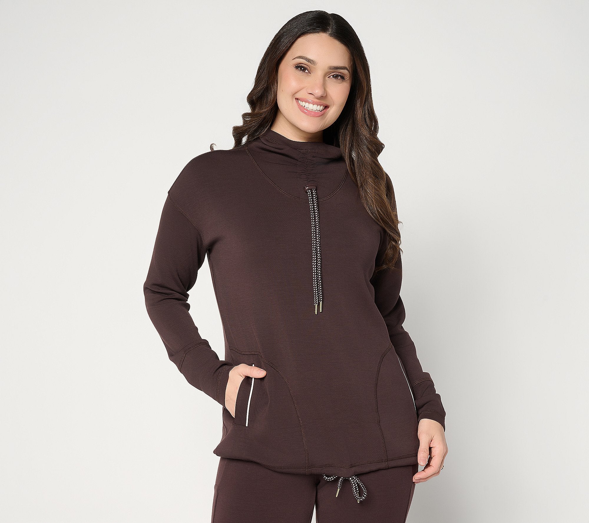 ScubaLuxe Ruched Mock Neck w/ Pockets - Chocolate Plum