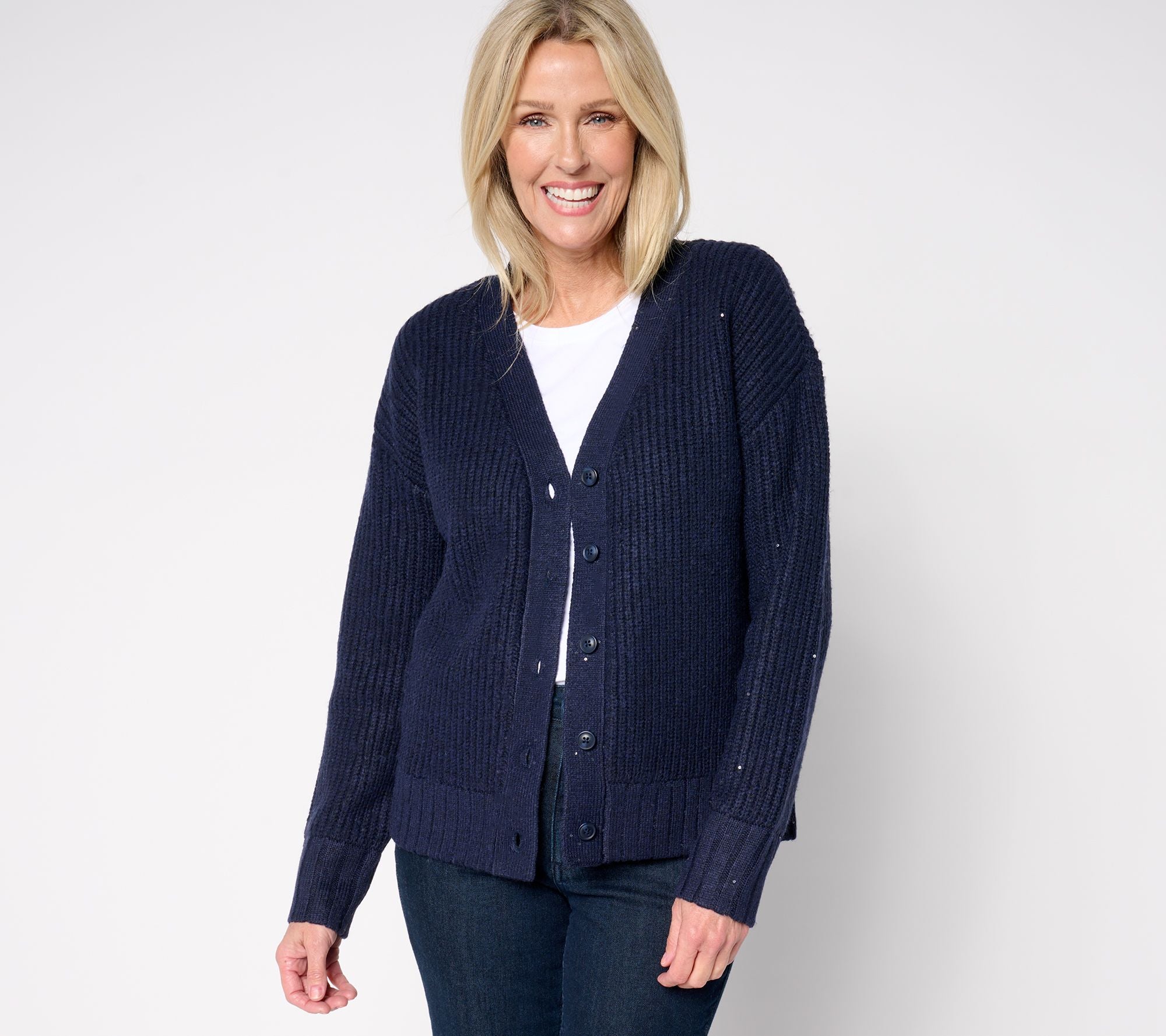 x Amy Stran Button Front Sparklin' Cardigan - Navy