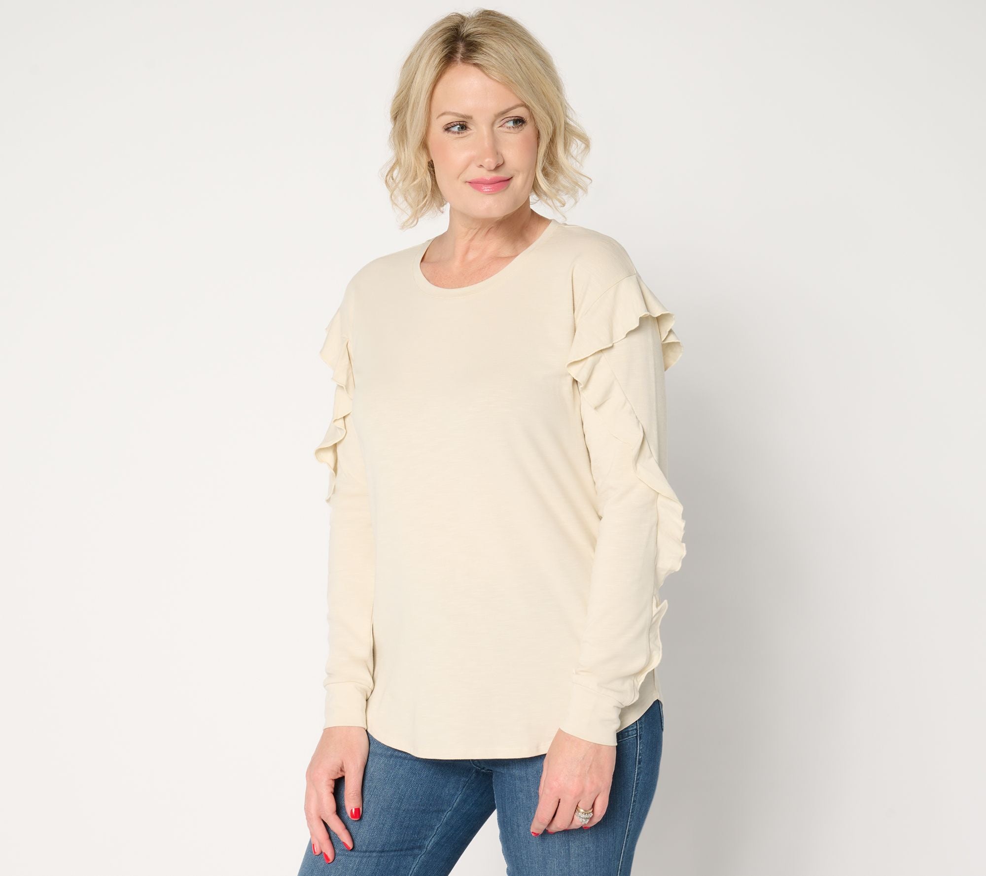 Slub Knit Feminine Ruffle Sleeve Top - Sand Bar