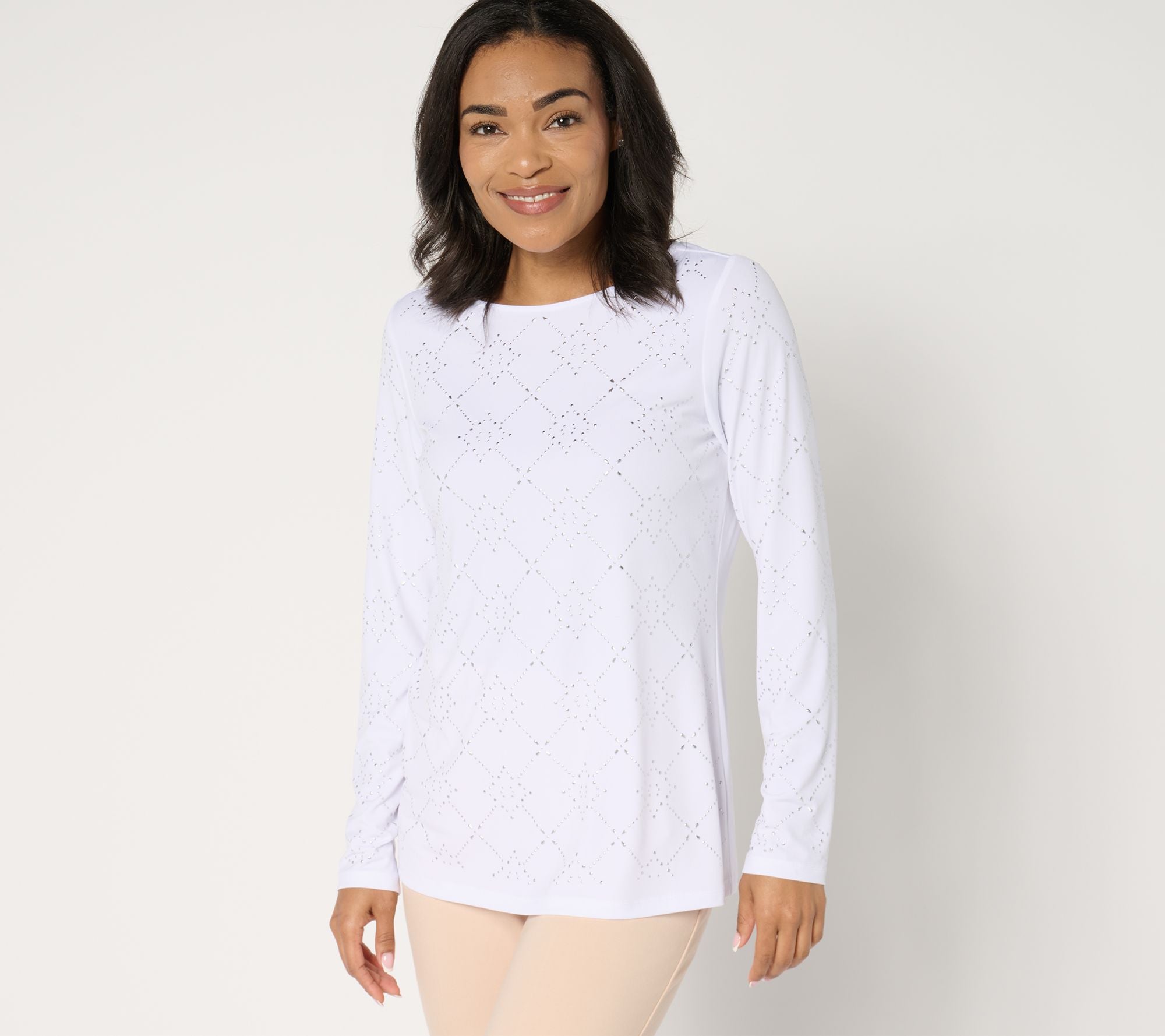 Liquid Knit Embellished Long-Sleeve Top - White