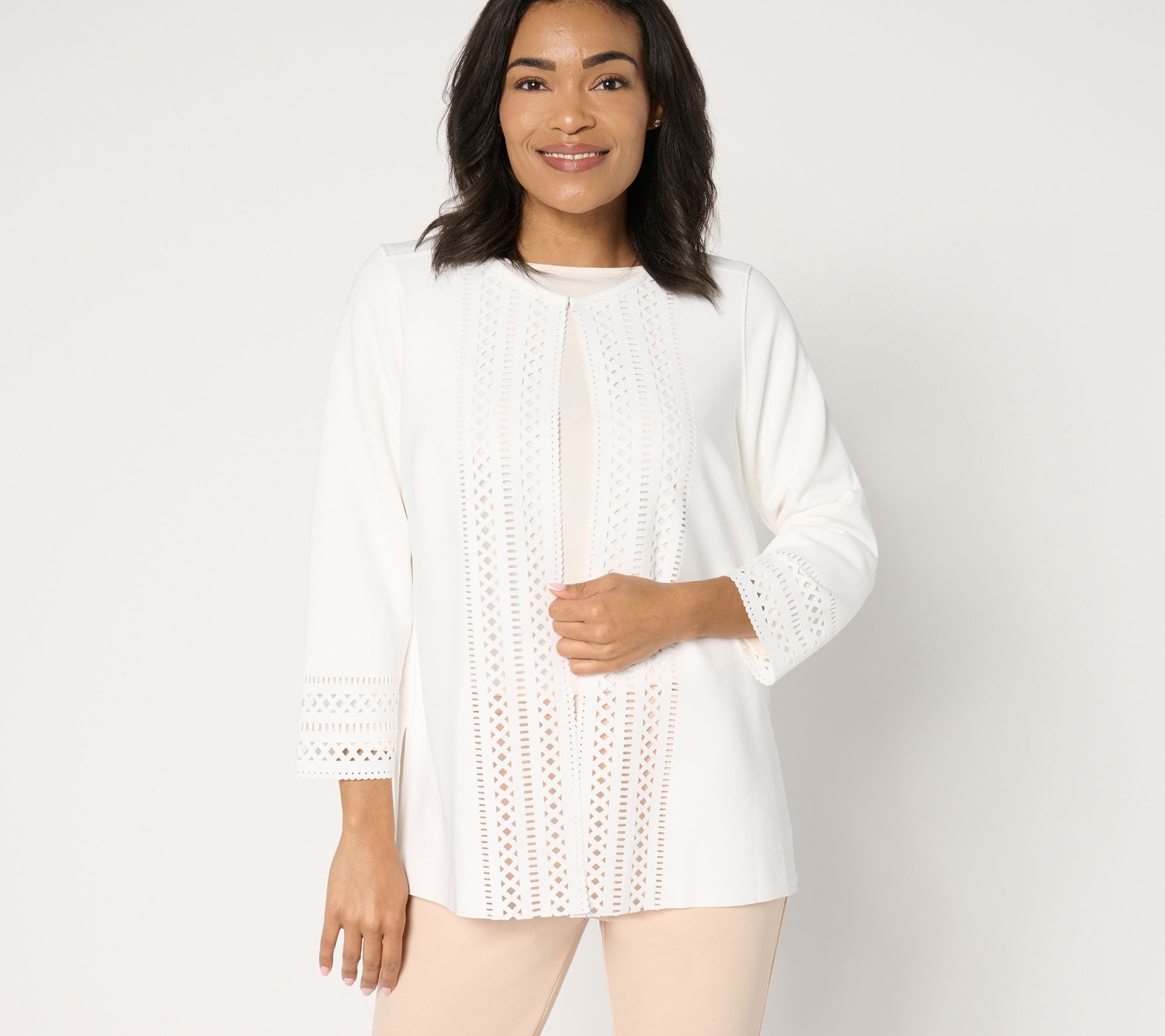 GRAVER Susan Graver LK Fusion Laser Cut Cardigan - Cream Petal