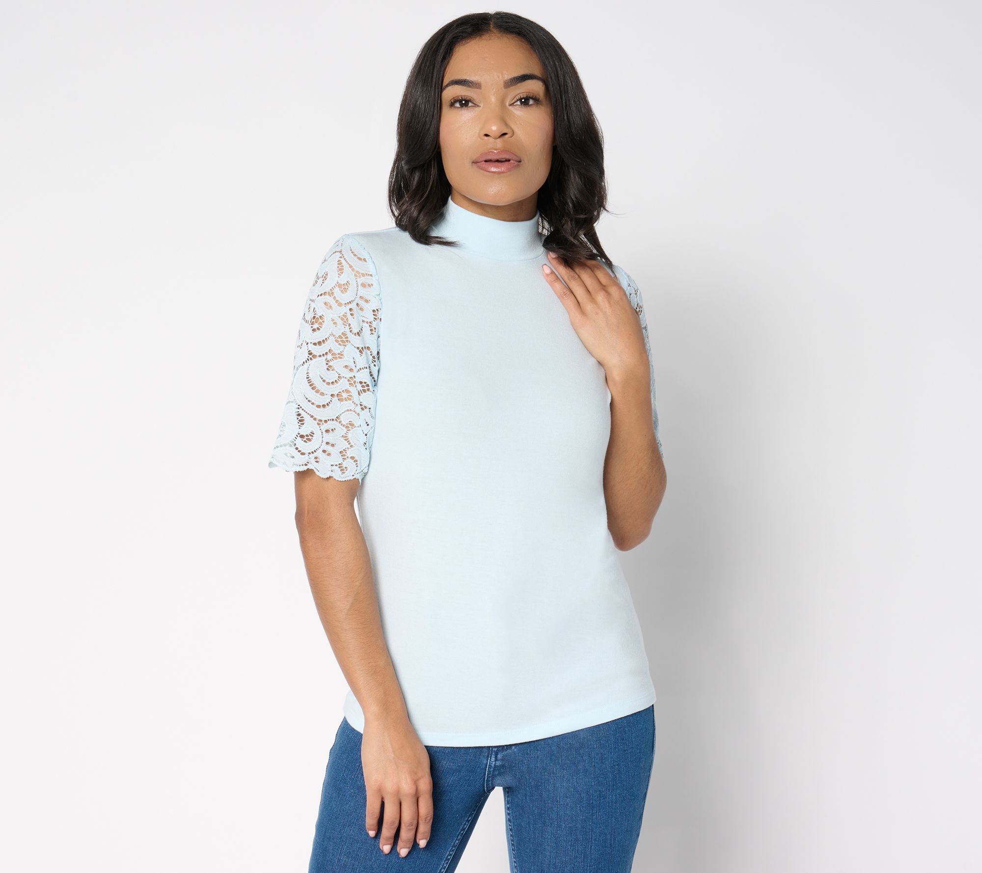 Lace Sleeve Turtleneck Top - Clear Skies