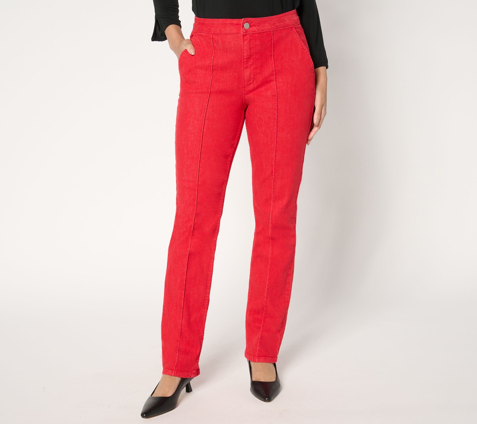 Pintuck Slim Straight Jean - Color - Cherry Red