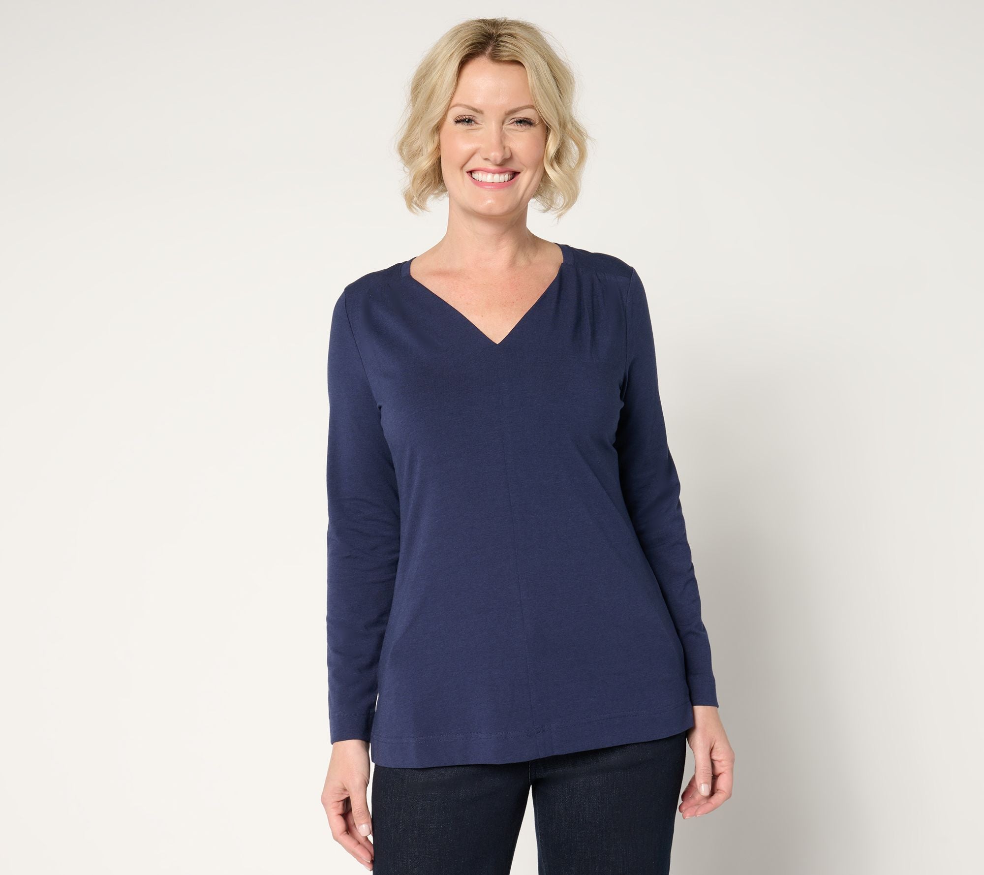 Essentials Favorite Jersey V-Neck Top w/ Pleat Detail - Navy