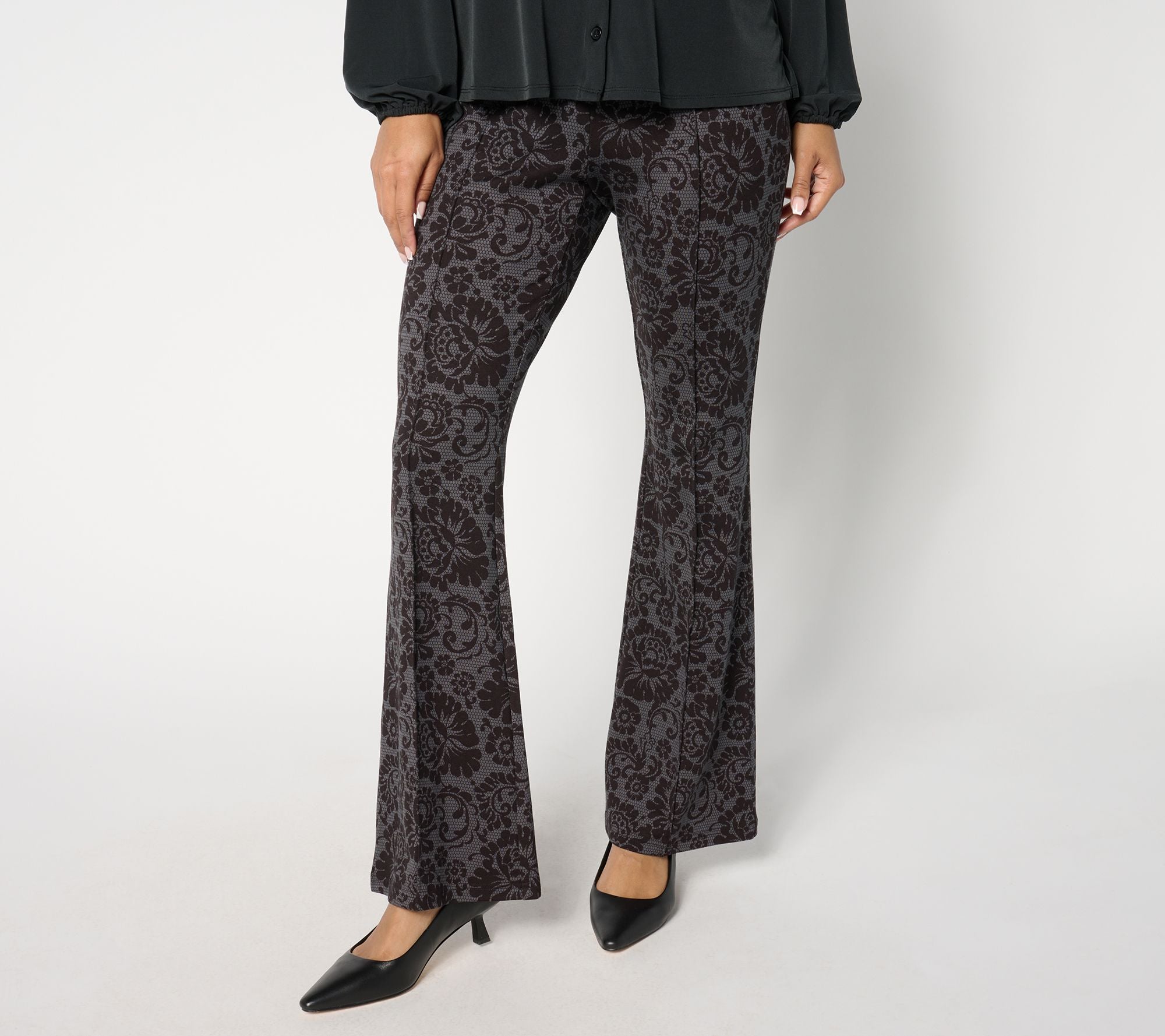 Printed Lace Flare Ponte Pants - Black